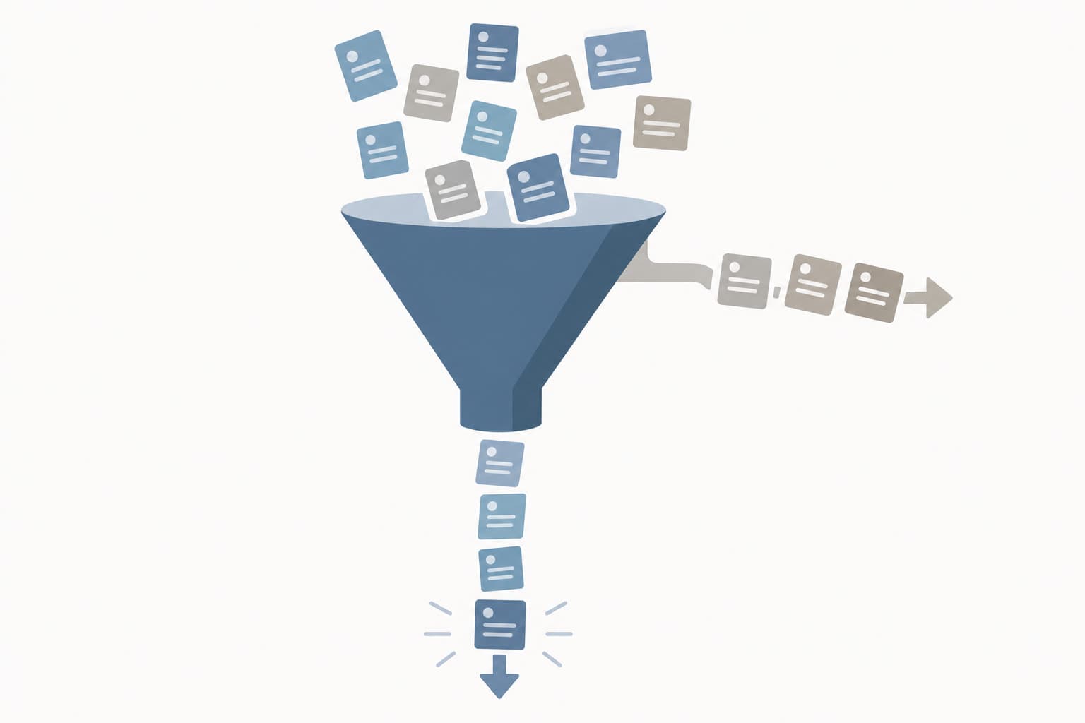 A funnel with small document cards passing through and three diverted to the side