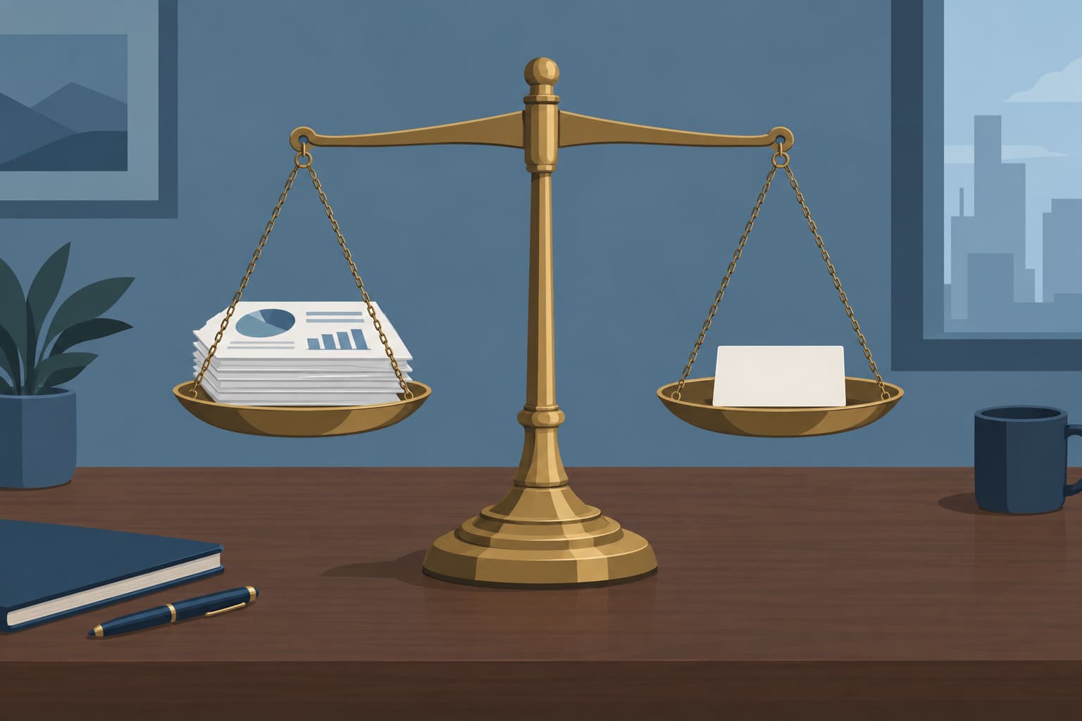 A balance scale on a desk weighing a stack of printed reports against a single plain card