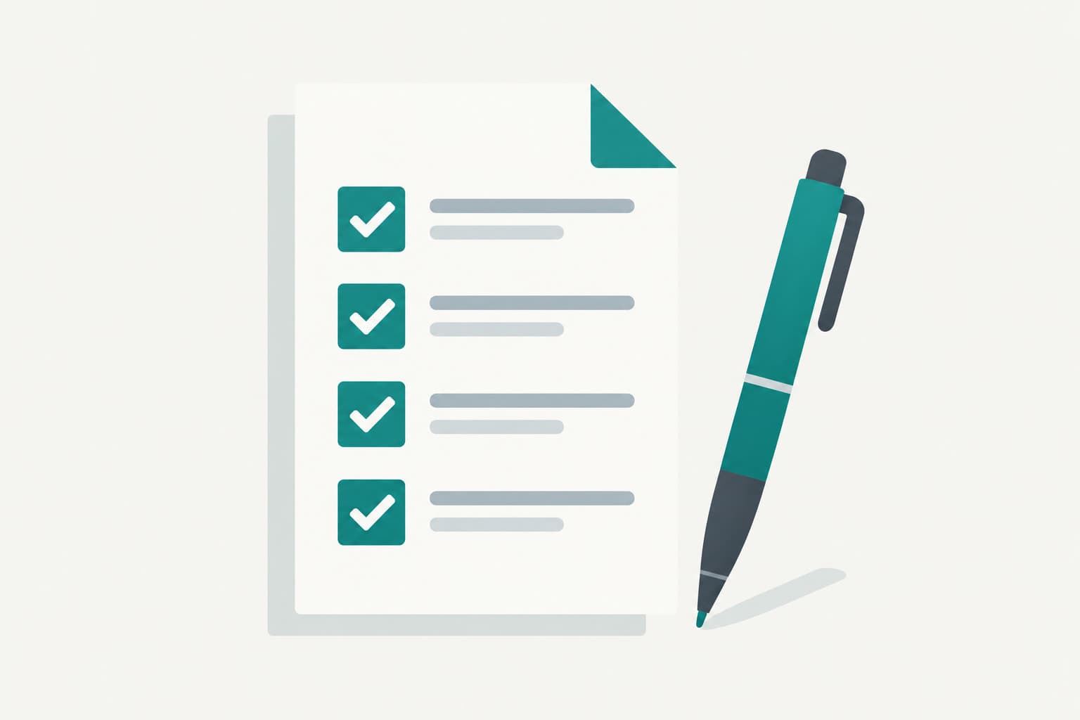 A checklist with checked boxes and a pen resting beside it