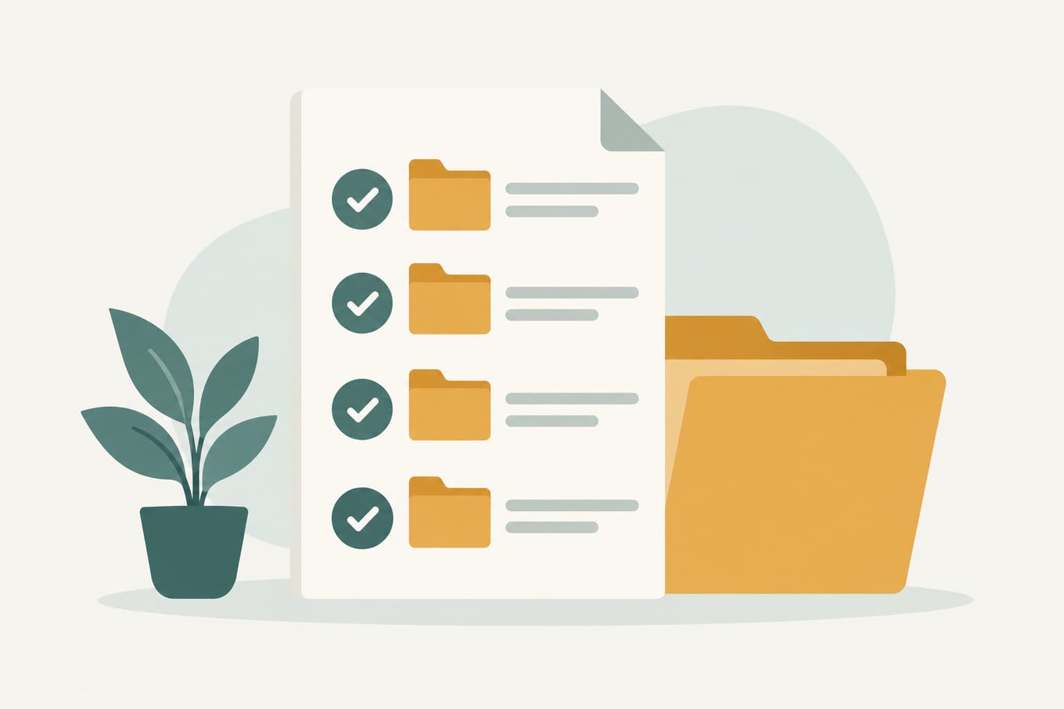A checklist with check marks beside folder shapes