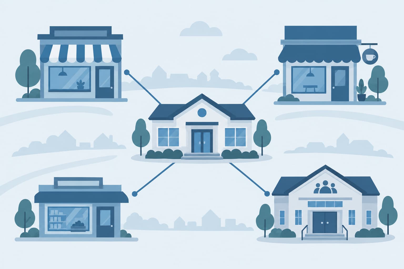 A small building linked by lines to nearby storefront and hall shapes