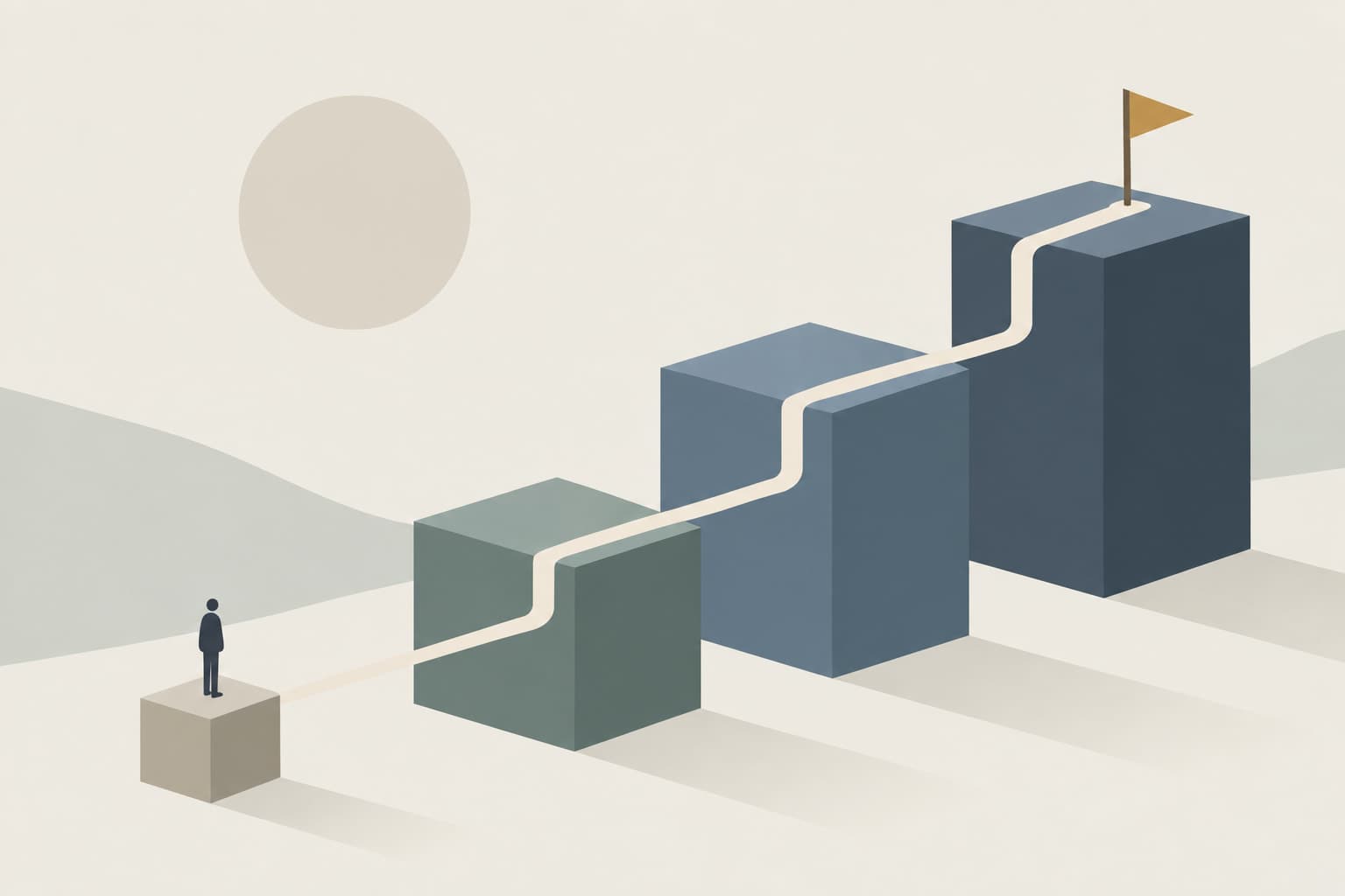 Ascending steps from a small block to larger blocks joined by a path
