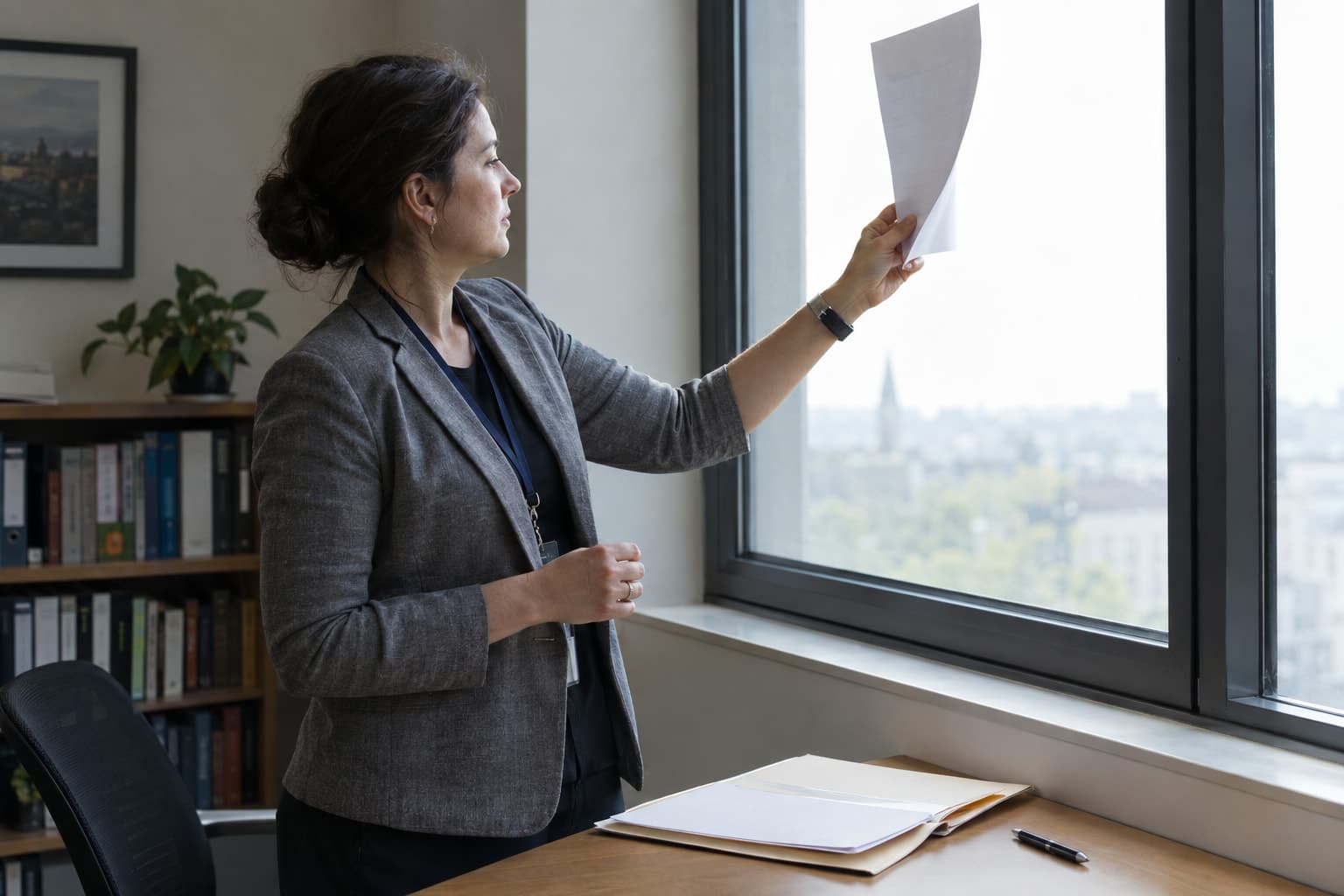 A grants officer holding an official letter up to window light, an open folder on the desk below