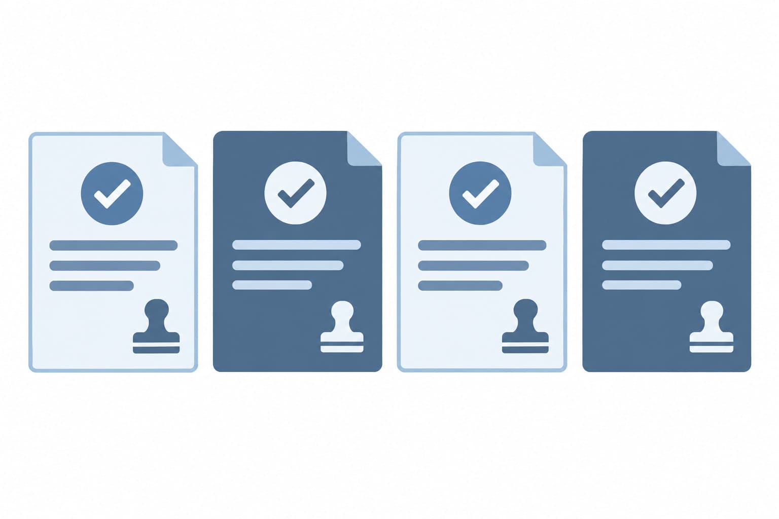 Four document cards in a row, each with a checkmark and a small stamp