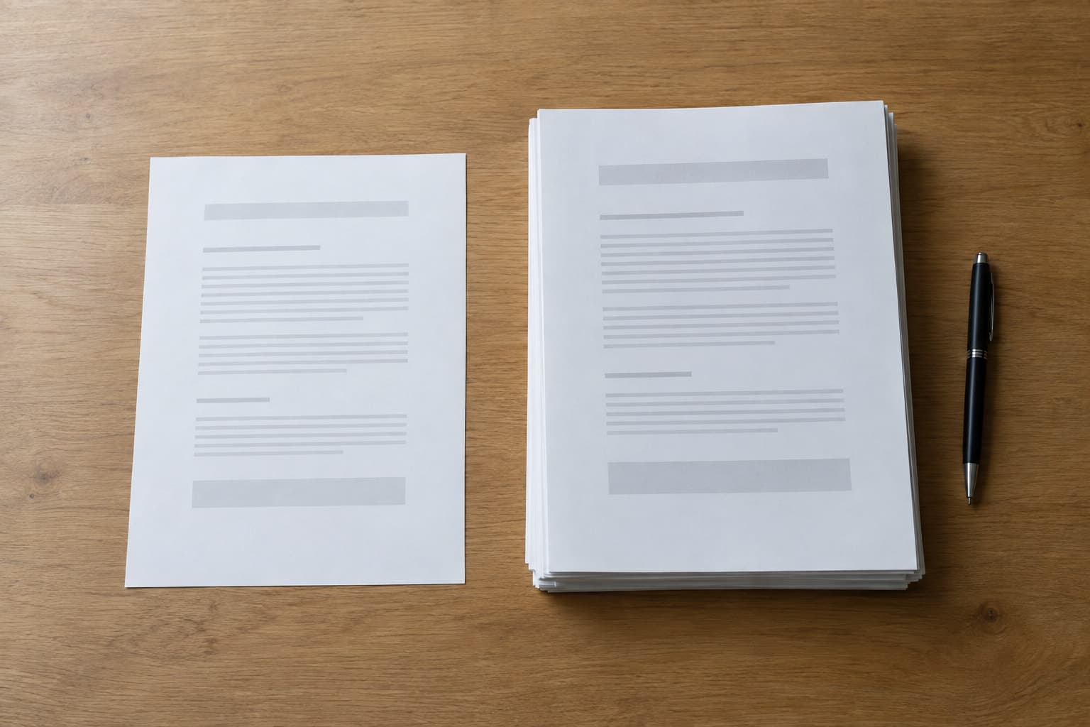 Two paper documents and a pen on a wooden table, one single page and one thicker packet