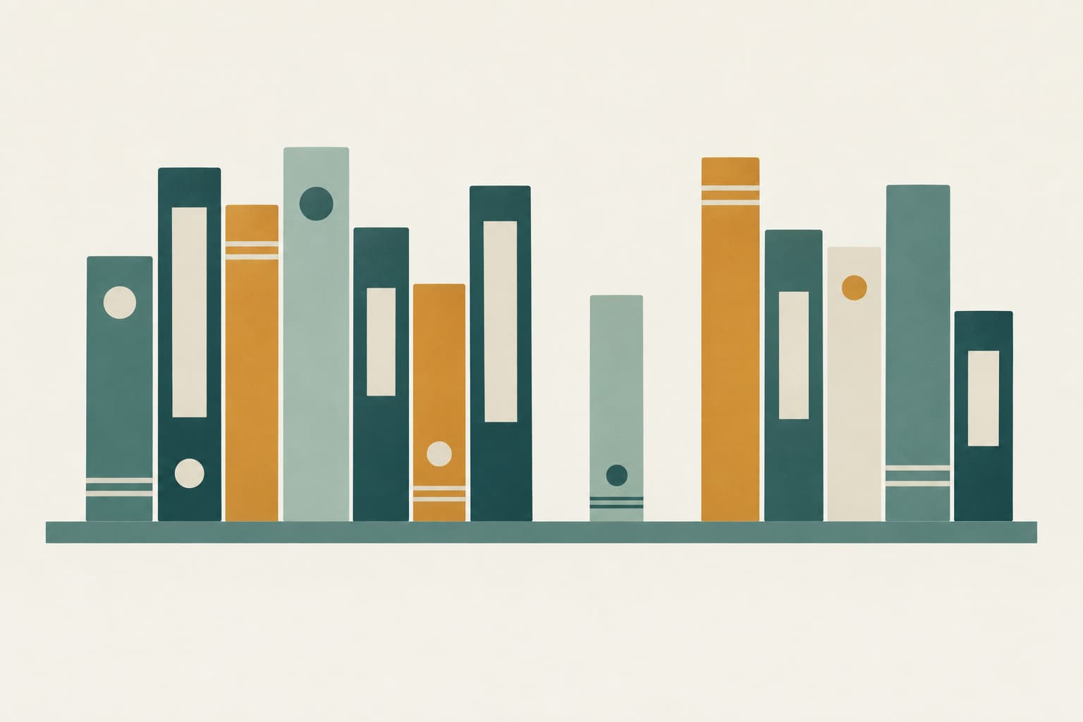 A row of document spines of varying height on a shelf, with one gap