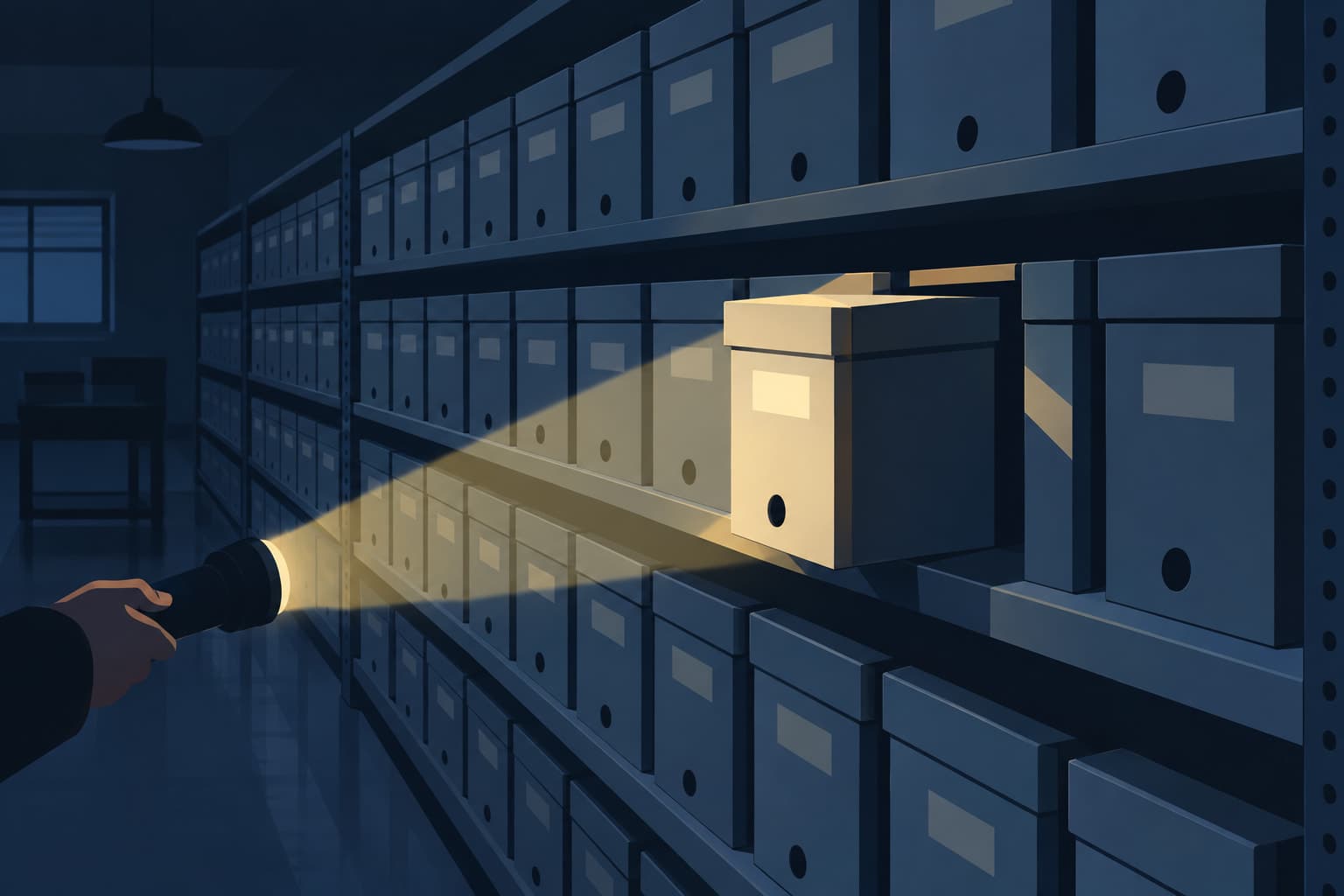 A flashlight beam sweeping a long shelf of archive boxes, one box pulled halfway out