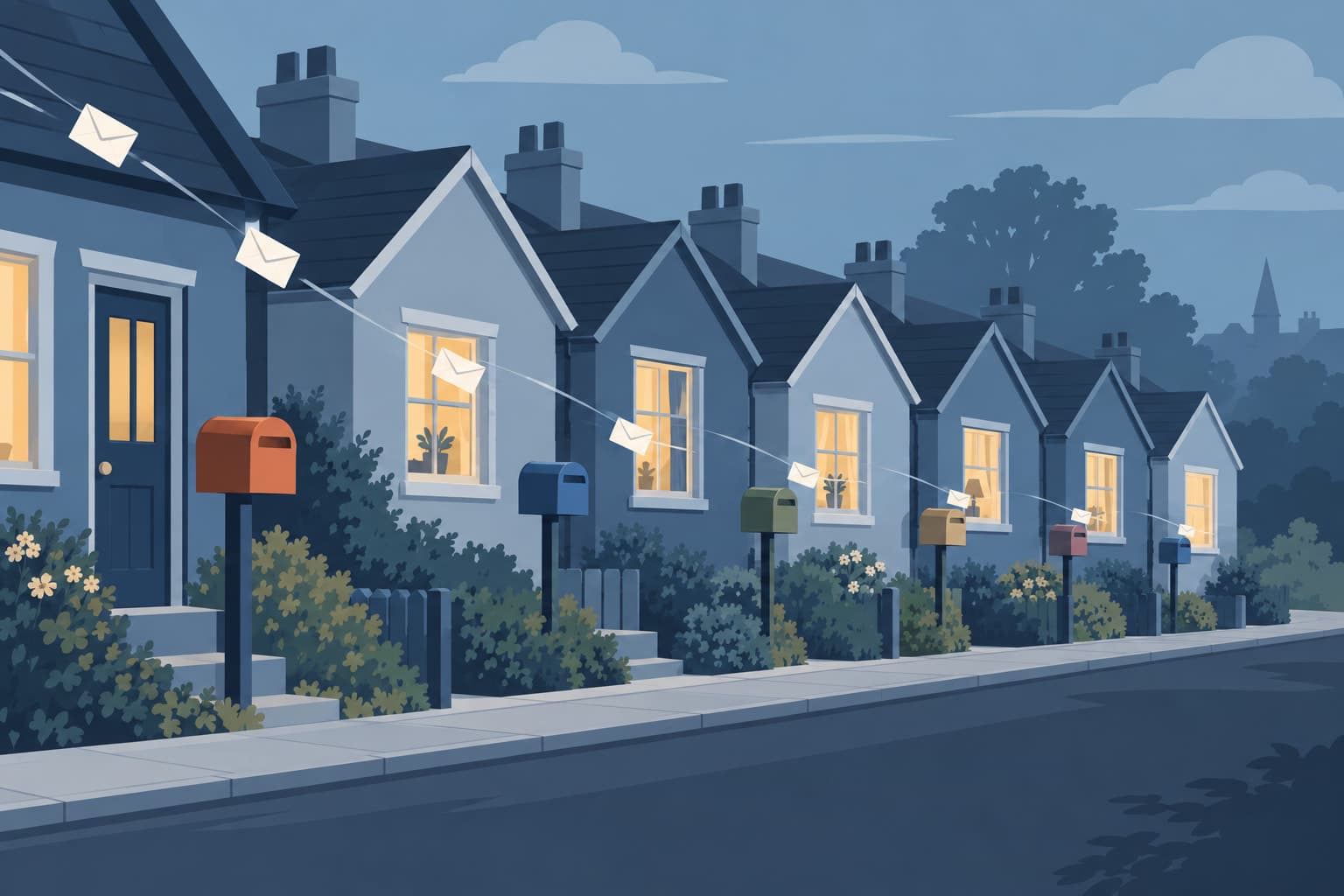 A street of similar small row houses with envelopes drifting toward several of their mailboxes