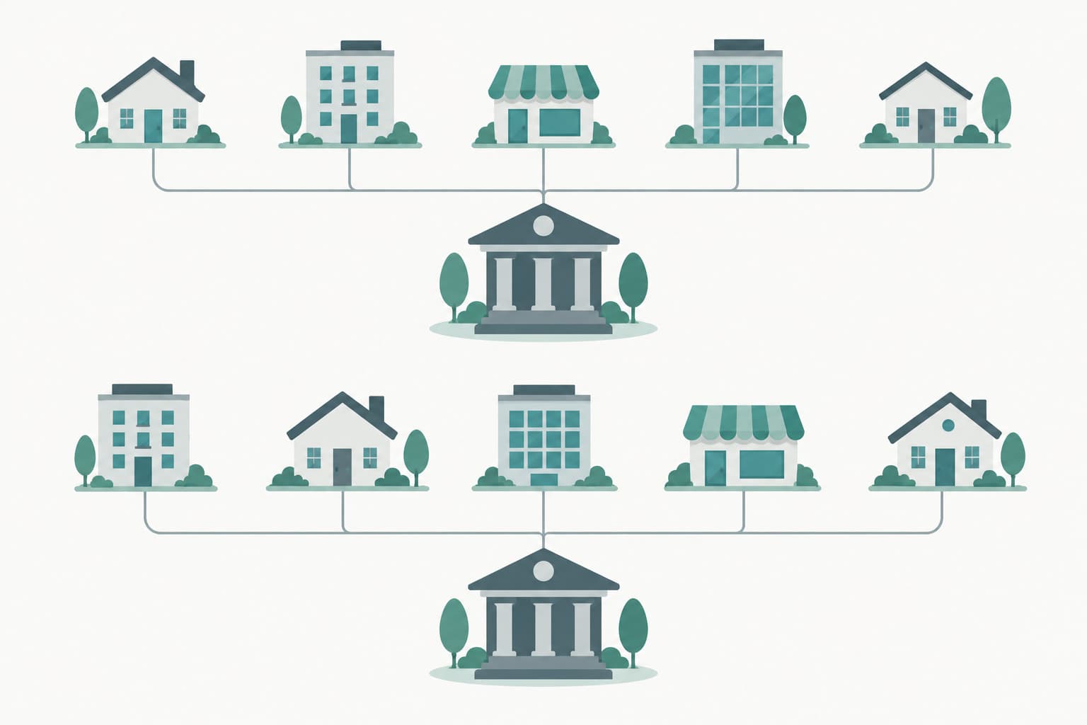 Small building icons in two rows linked by thin lines to larger icons
