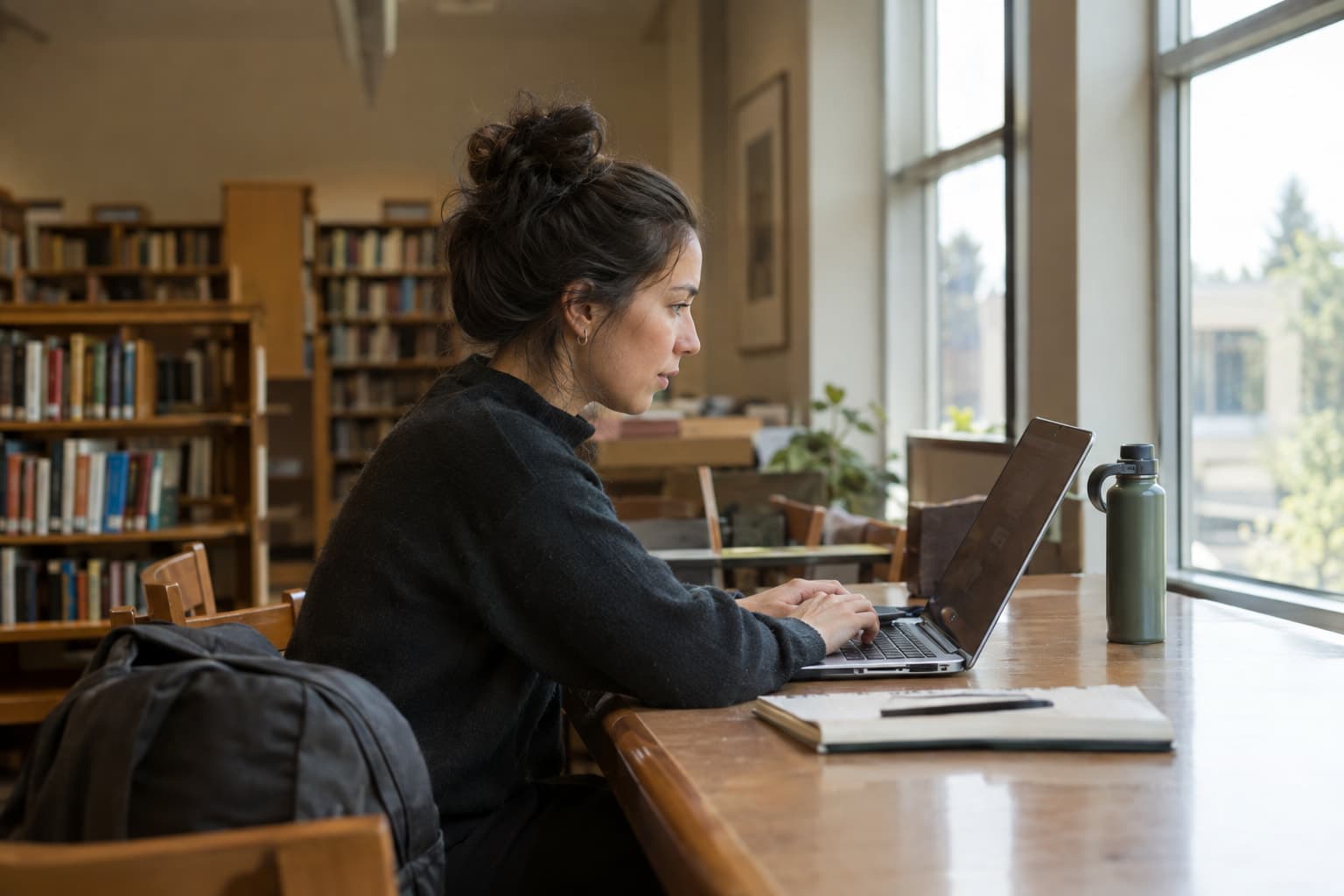 A researcher at a laptop in a quiet library workspace