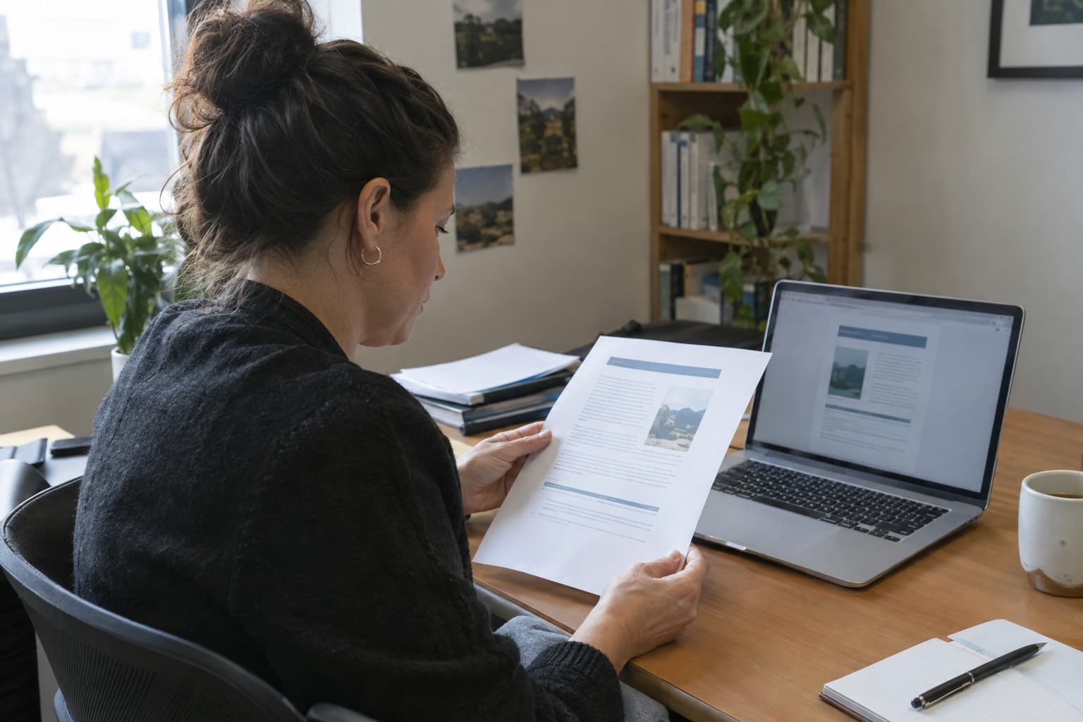 A grant researcher comparing a printed filing page with a laptop screen