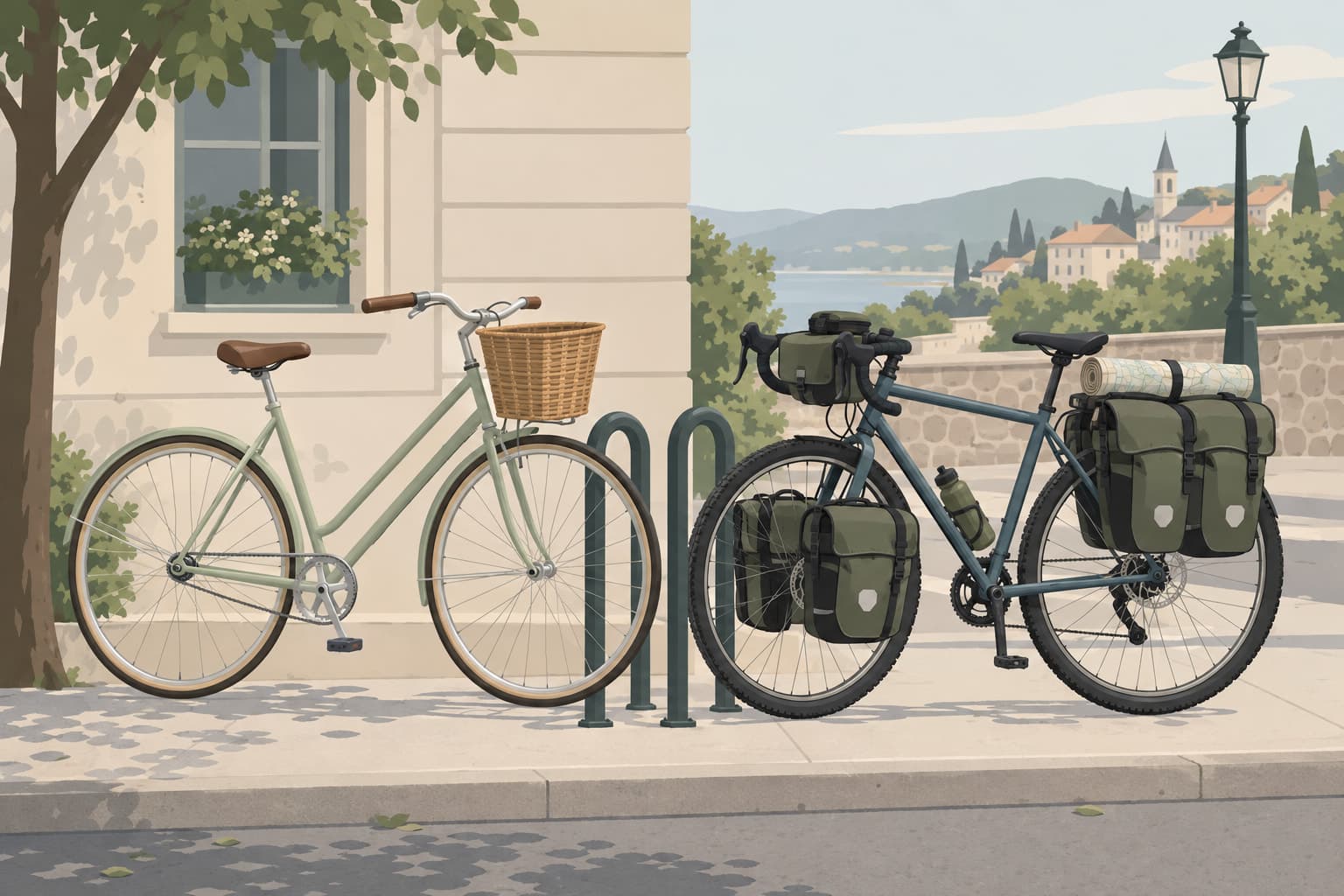 Two bicycles parked side by side at a rack, a light single-speed and a fully loaded touring bike with panniers