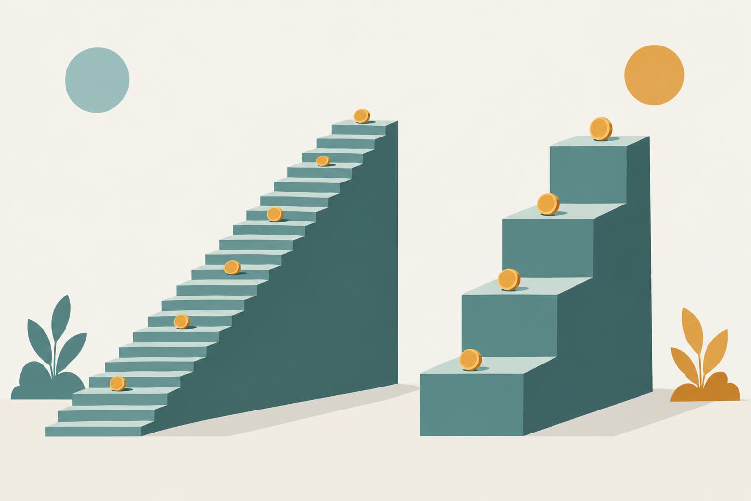 Two staircases of different heights rising side by side, one with short low steps and one with tall steps