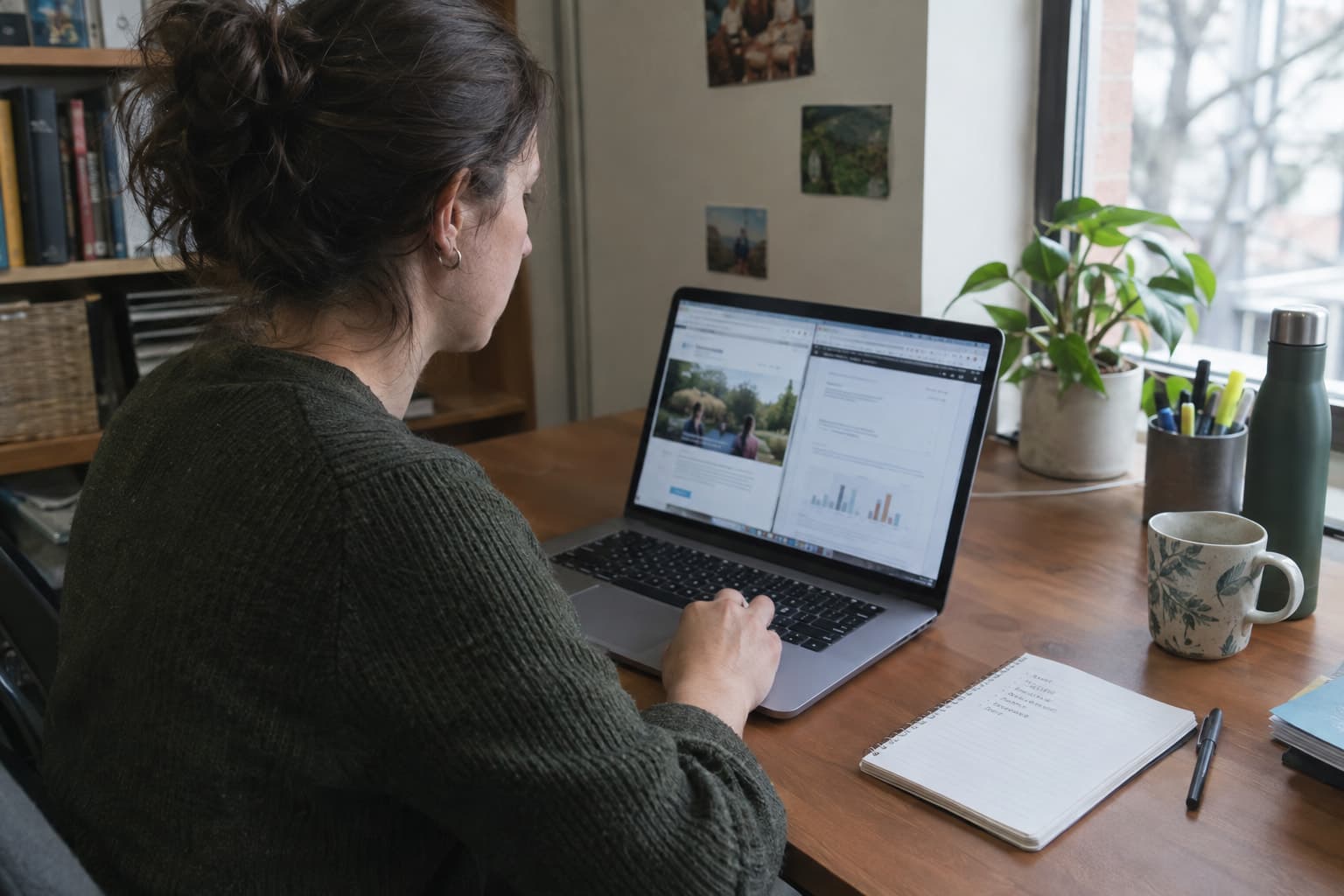 A nonprofit staff member at a desk comparing two browser windows on a laptop with a notepad beside it