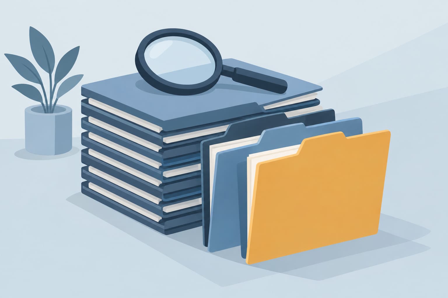 A magnifying glass resting on a stack of filing folders, with a few folders pulled forward