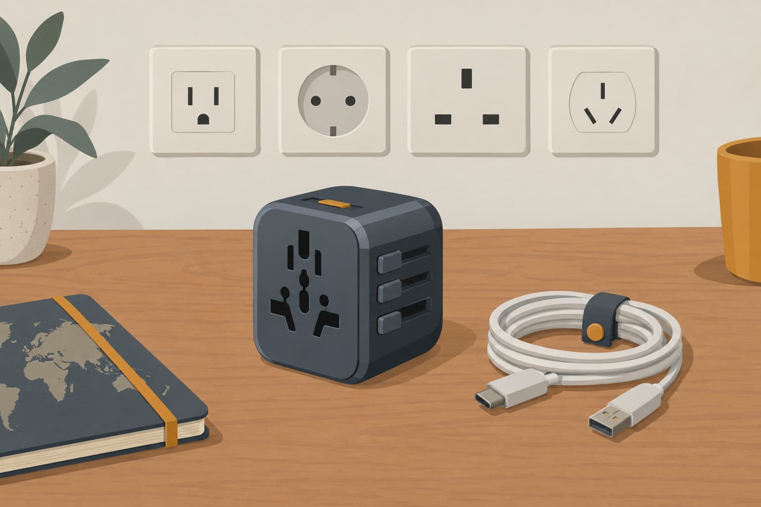 A universal travel plug adapter on a table beside several different wall sockets