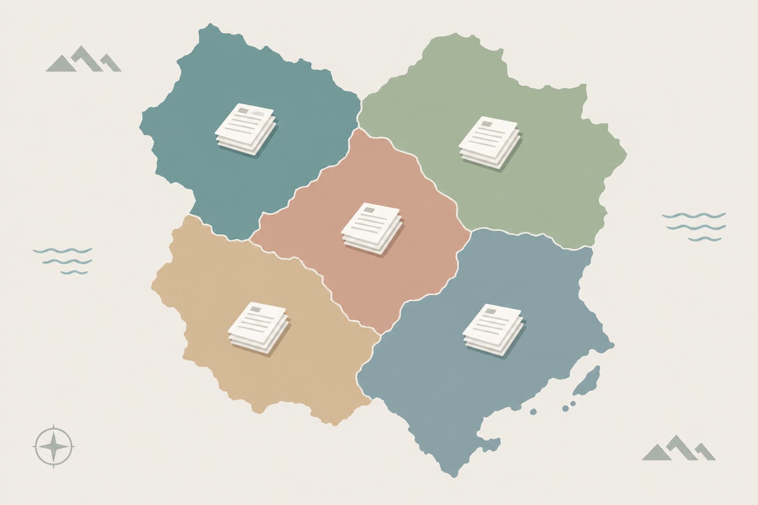 A map divided into regions, each with a small stack of identical forms