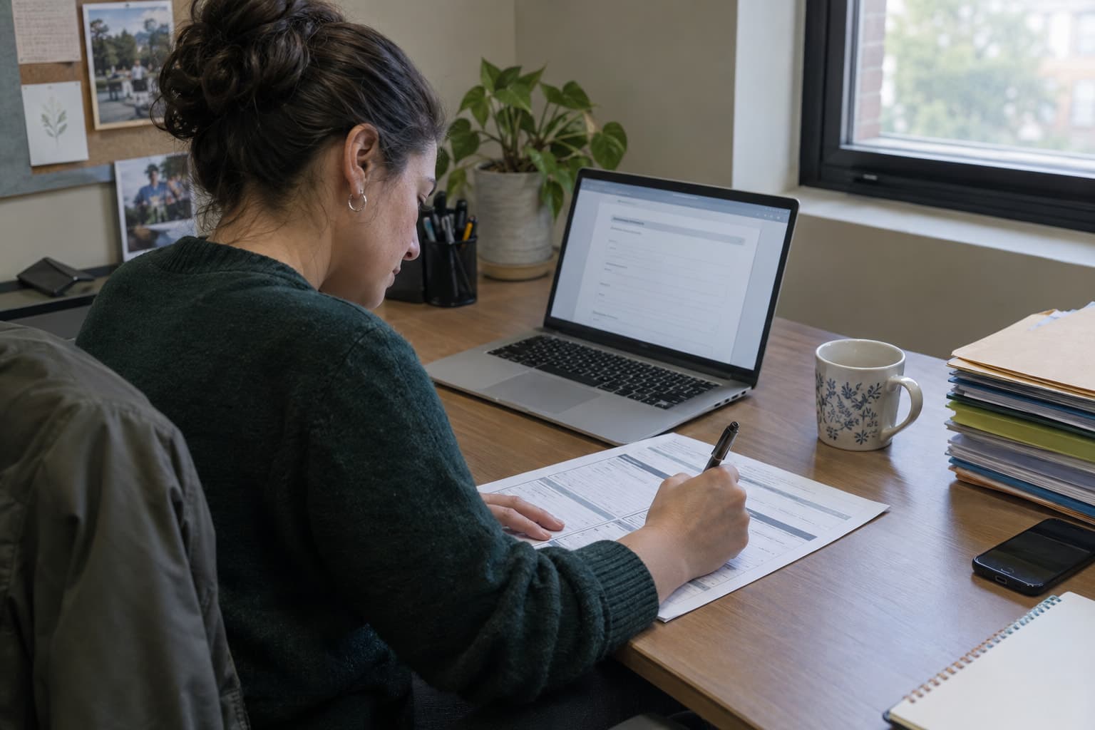 A nonprofit staff member filling in a printed multi-section form at a desk with a laptop open
