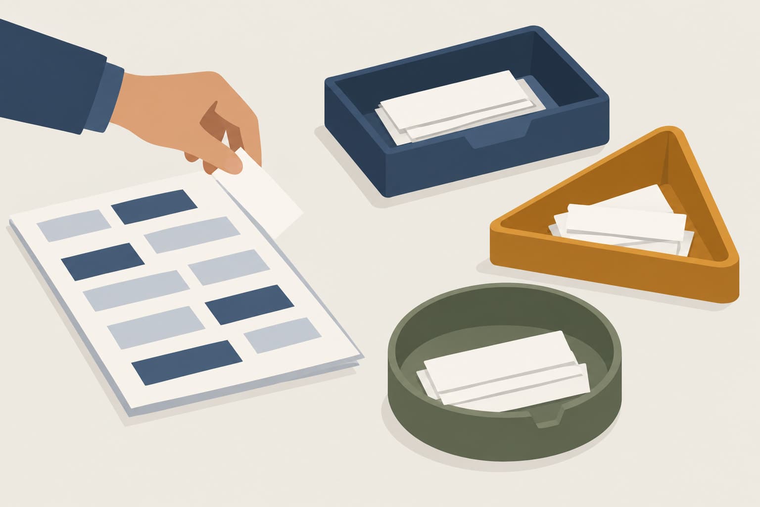 Pieces of one document being sorted into several differently shaped trays