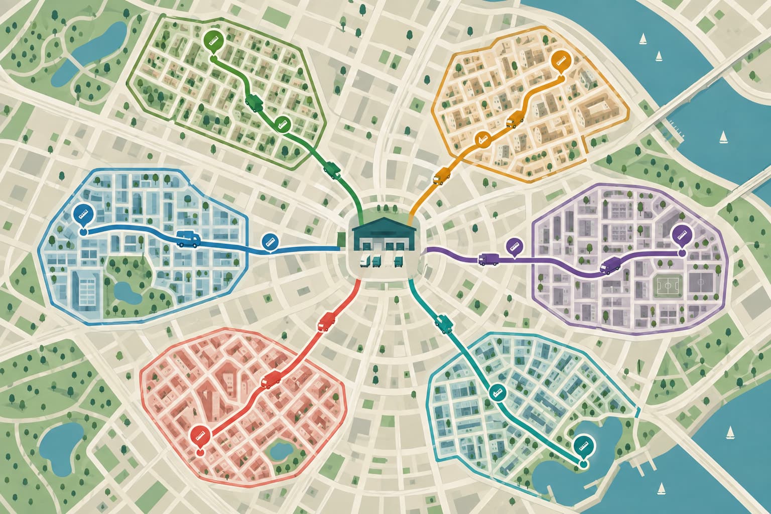 An overhead city map with a central depot and colored routes fanning out to six neighborhoods