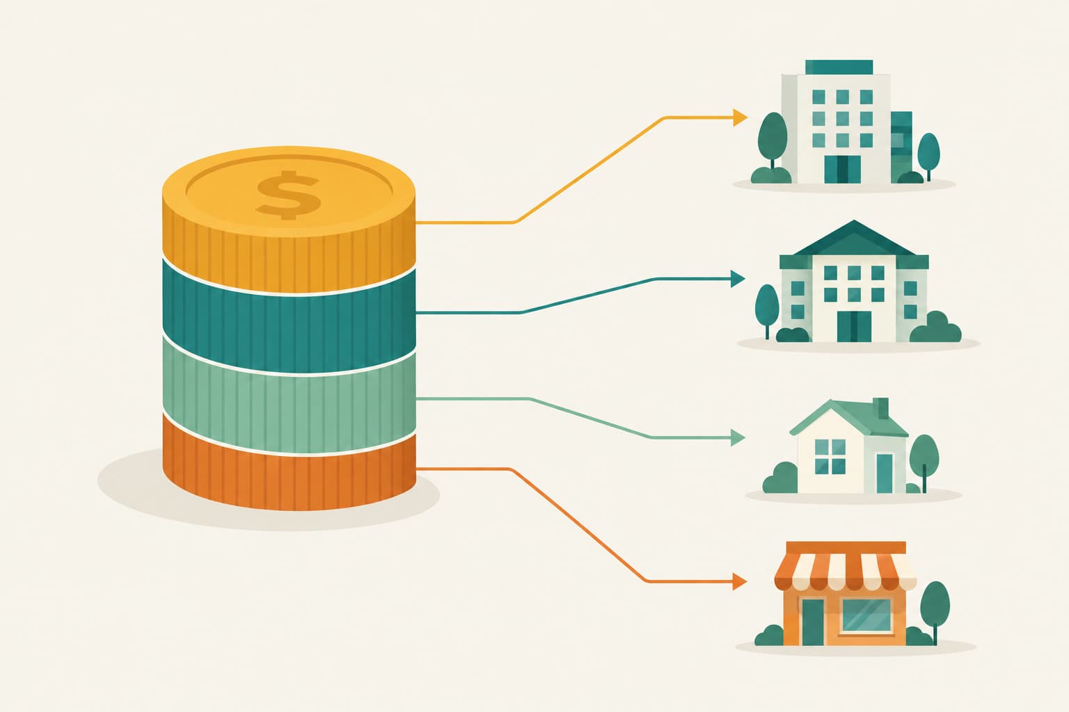 A stack of coins split into four unequal slices, each moving toward a small building