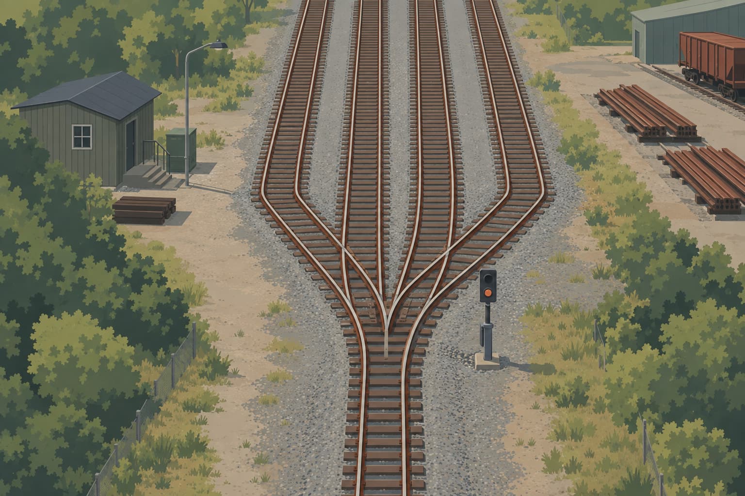 A railway switching yard where one track divides into four parallel tracks under a clear sky