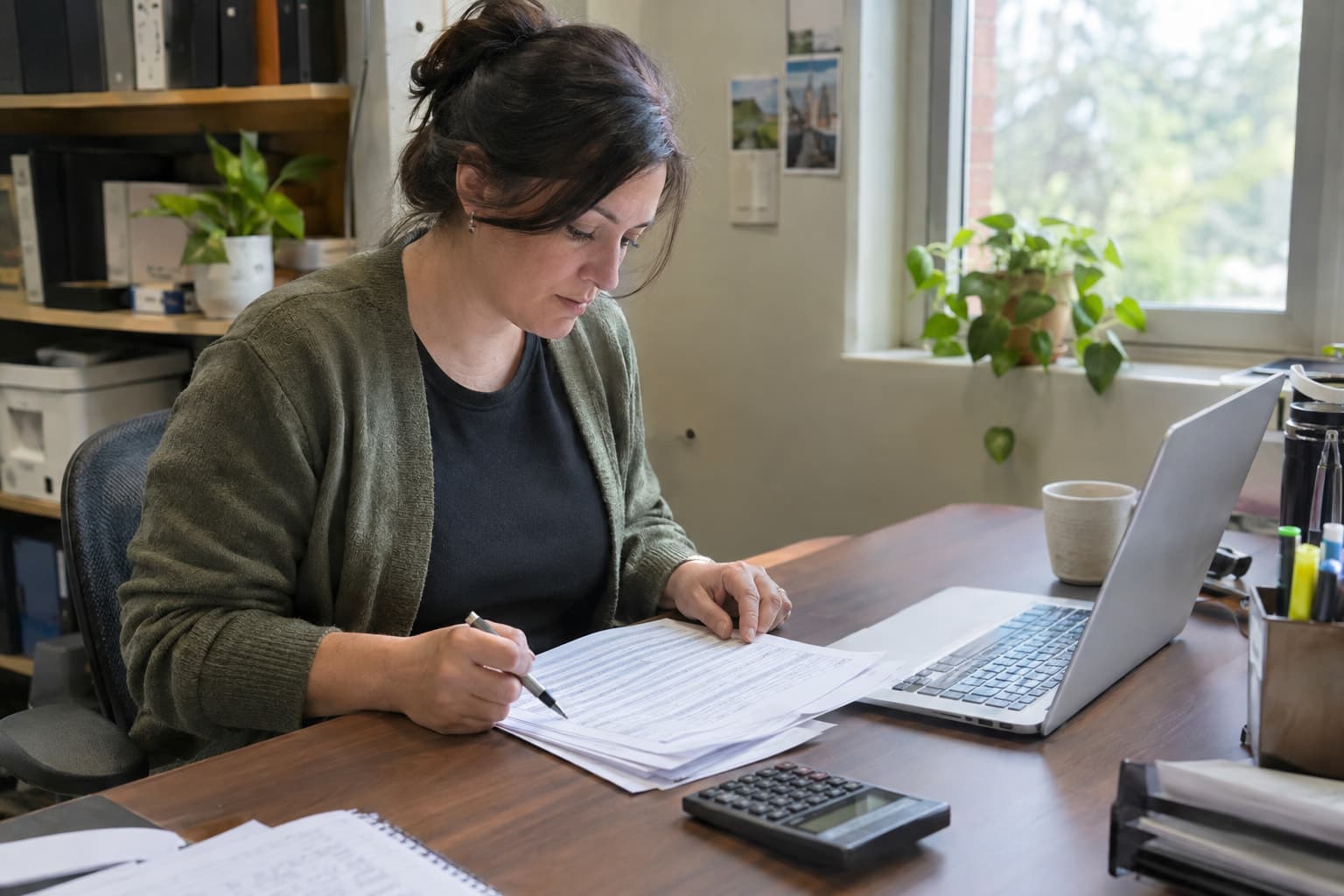 A nonprofit bookkeeper at a desk reviewing a payroll report printout beside a laptop