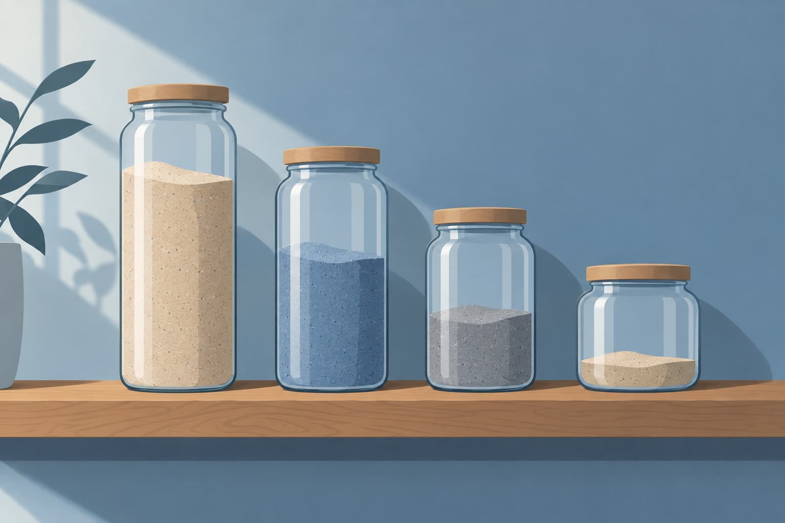 Four glass jars of different heights filled to different levels with sand on a shelf
