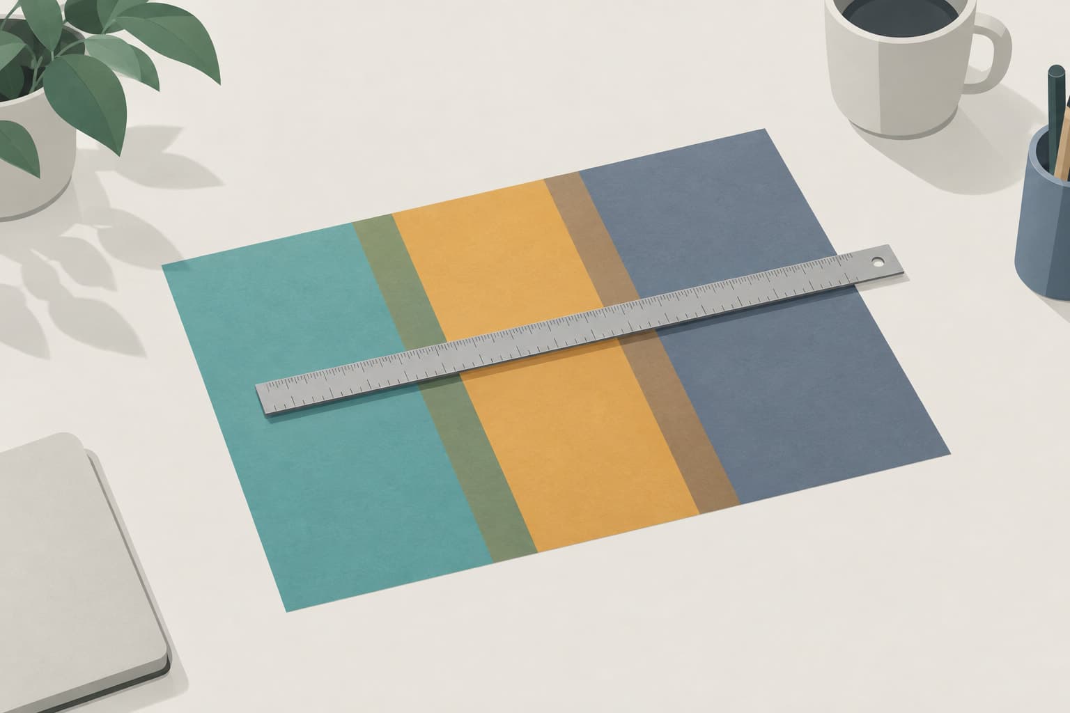 Three translucent paper cards of different colors overlapping on a desk, together forming one full rectangle
