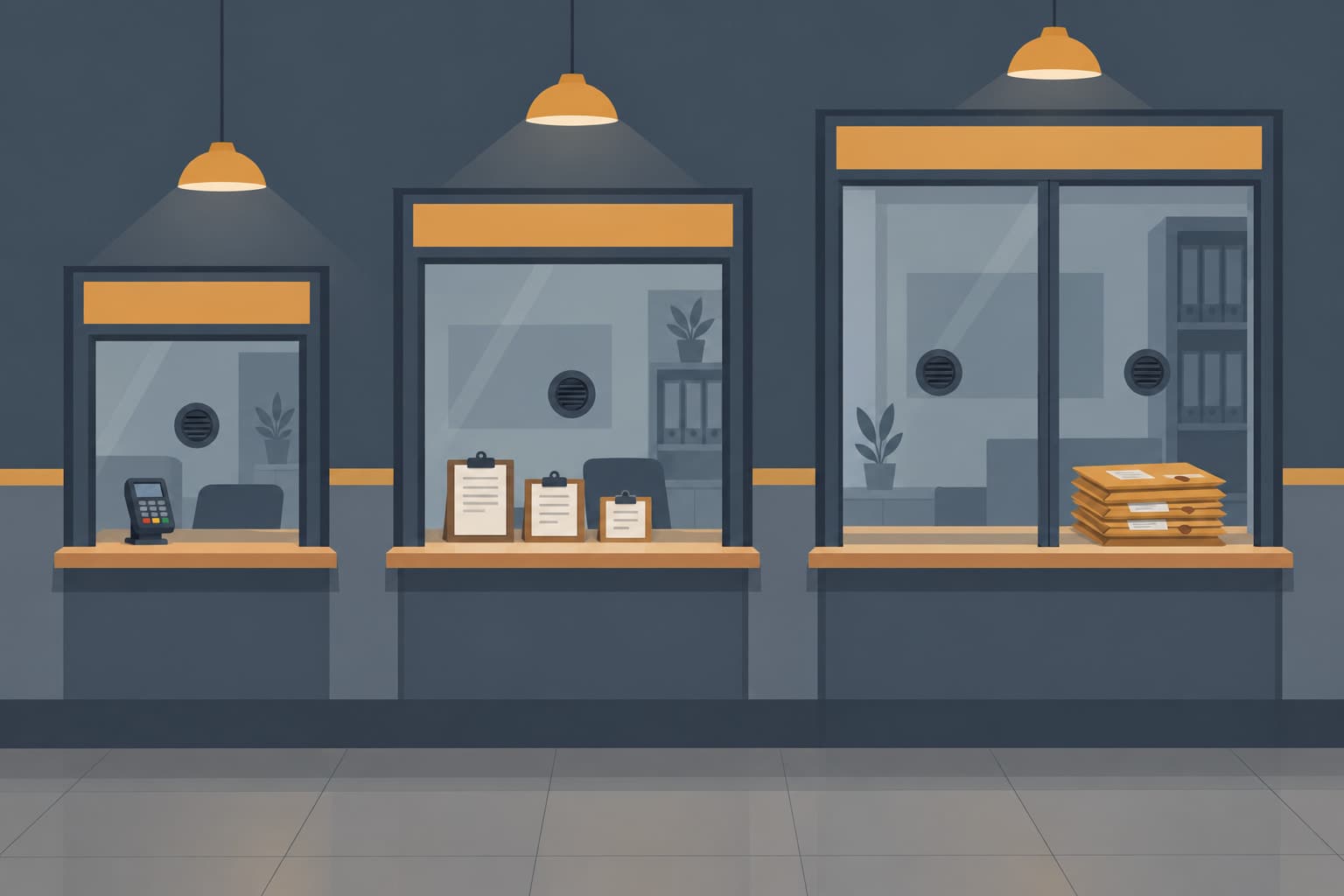 Three service windows of increasing size at a purchasing counter, from a small one with a card reader to a wide one with sealed envelopes