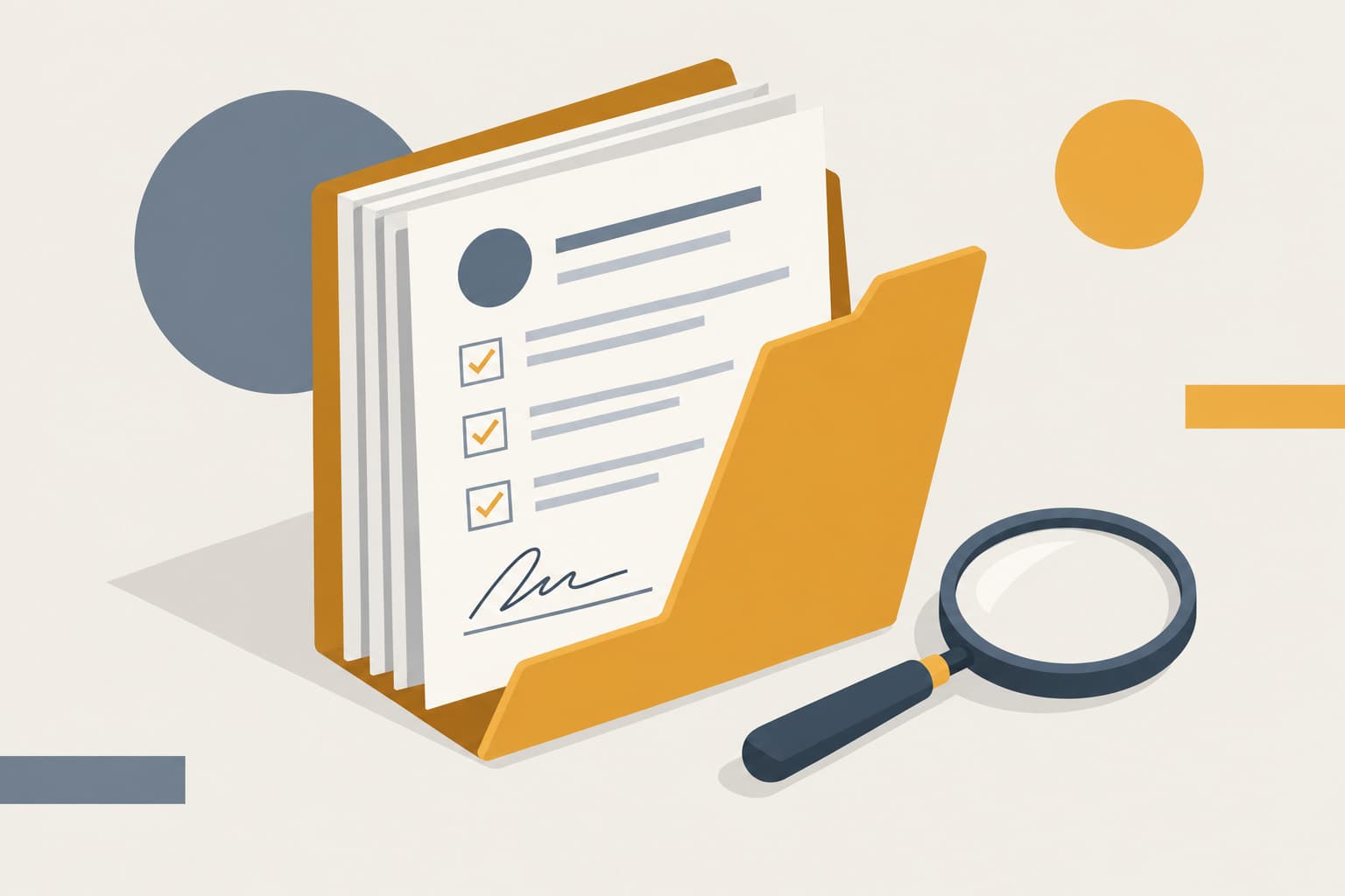 A folder with a stack of signed forms and a magnifying glass beside it