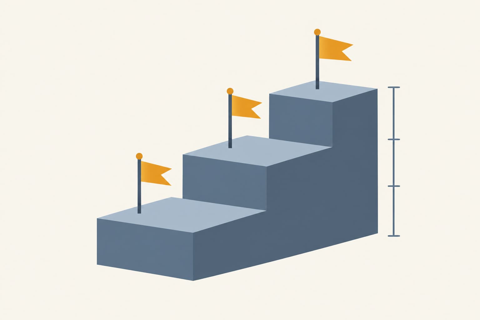 A staircase of three steps rising in height with a small flag on each landing