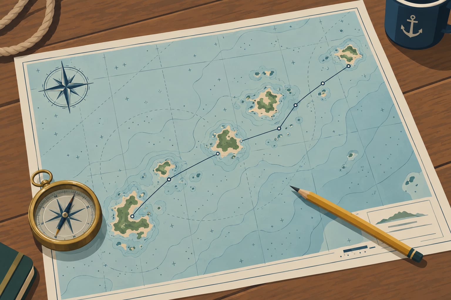 A ship's navigation chart on a table with a brass compass, a pencil line plotting a course between small island shapes