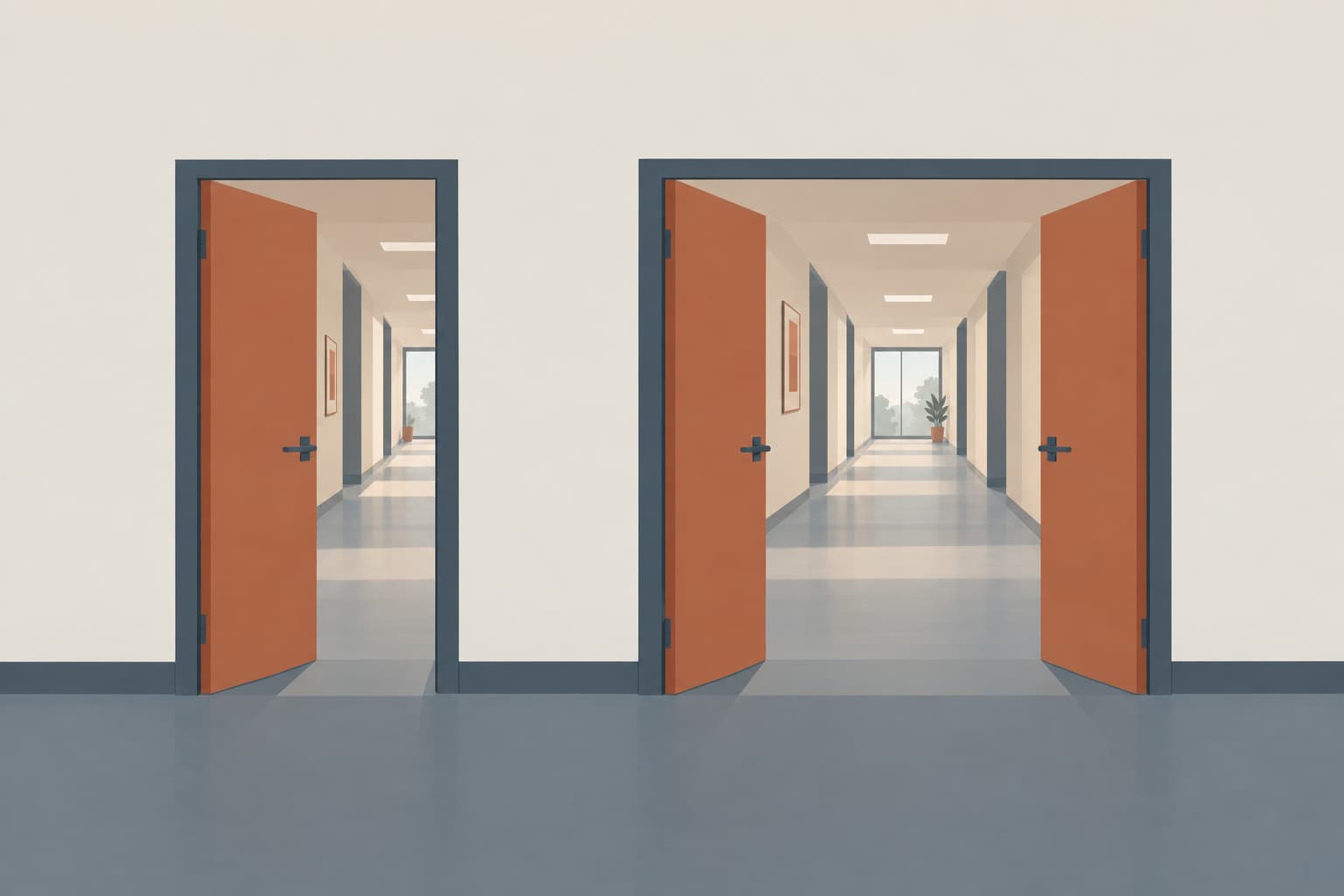 Two doors side by side, one small and simple and one wide double door, opening onto the same corridor