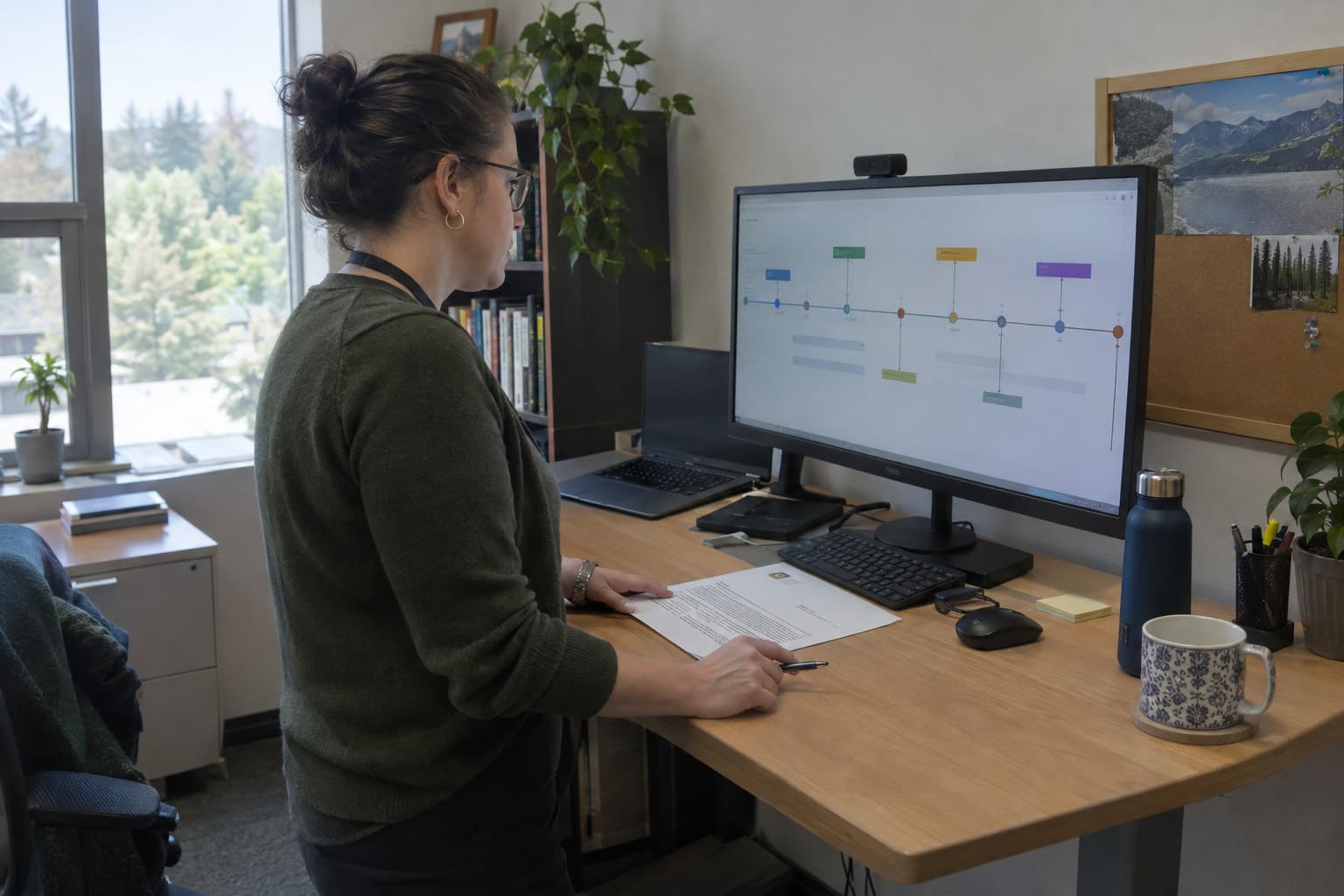 A grants manager at a standing desk reviewing a timeline of report dates on a large monitor