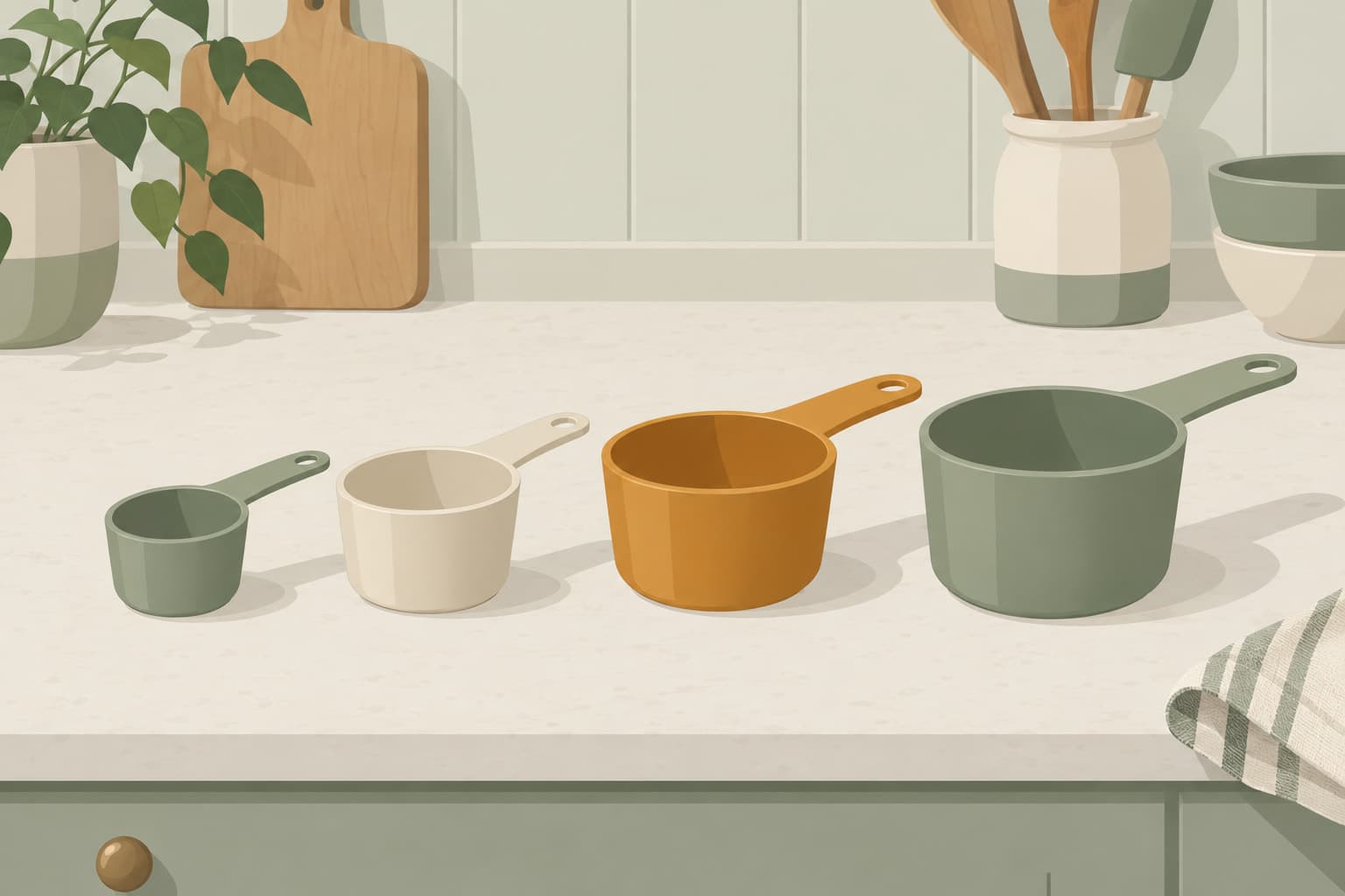 A set of nested measuring cups in increasing sizes on a kitchen counter
