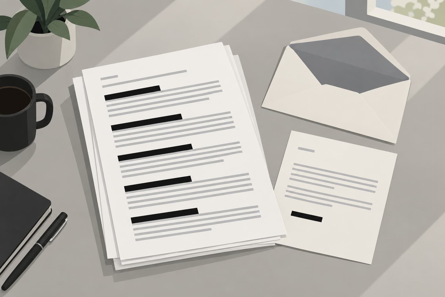 A printed document with several lines blacked out, lying beside a cover letter and an envelope