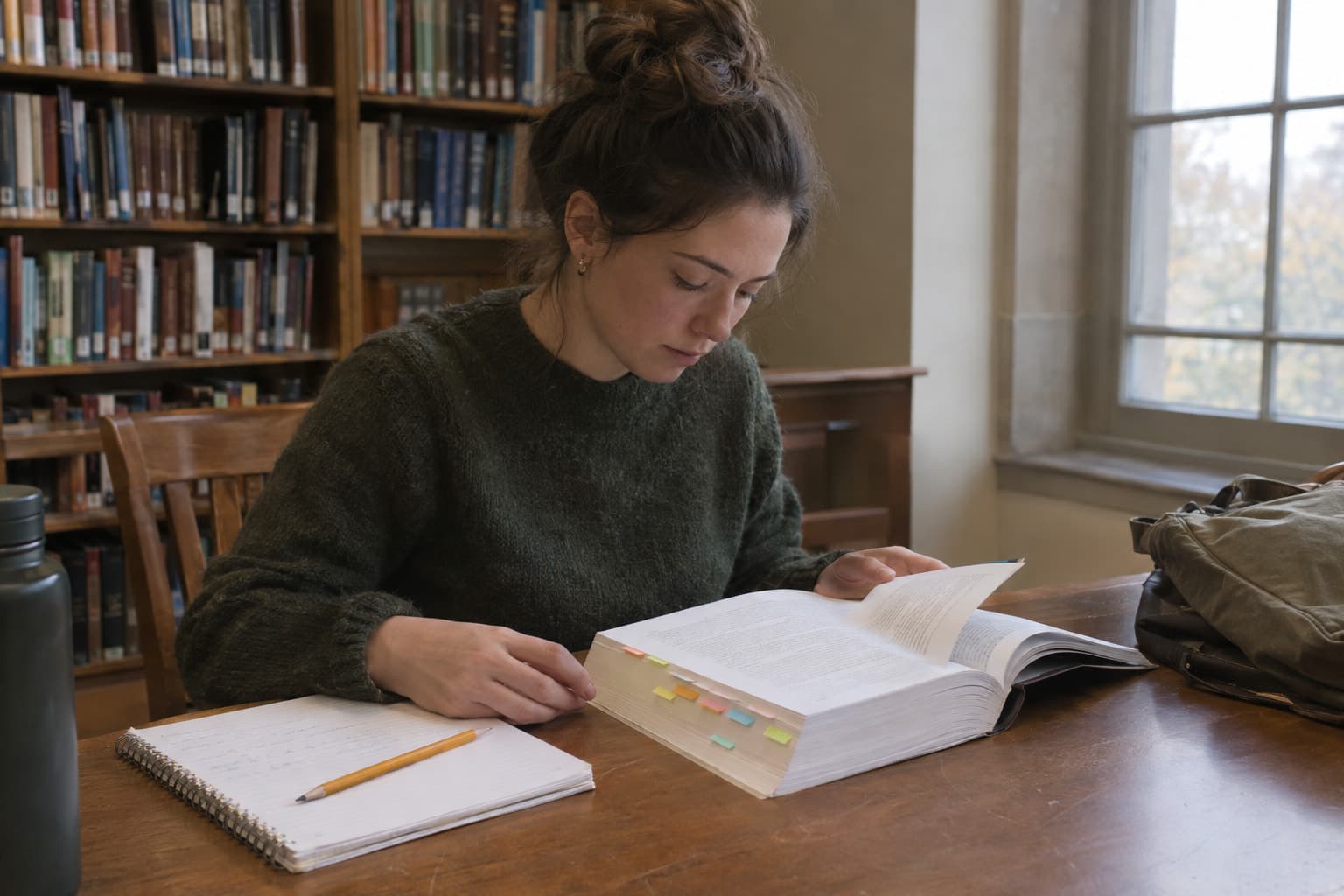 A researcher reading a bound application at a library table with sticky notes on its pages
