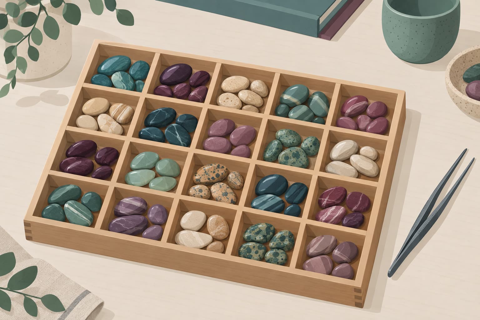 A wooden organizer tray with small compartments holding sorted colored stones, tweezers resting beside it