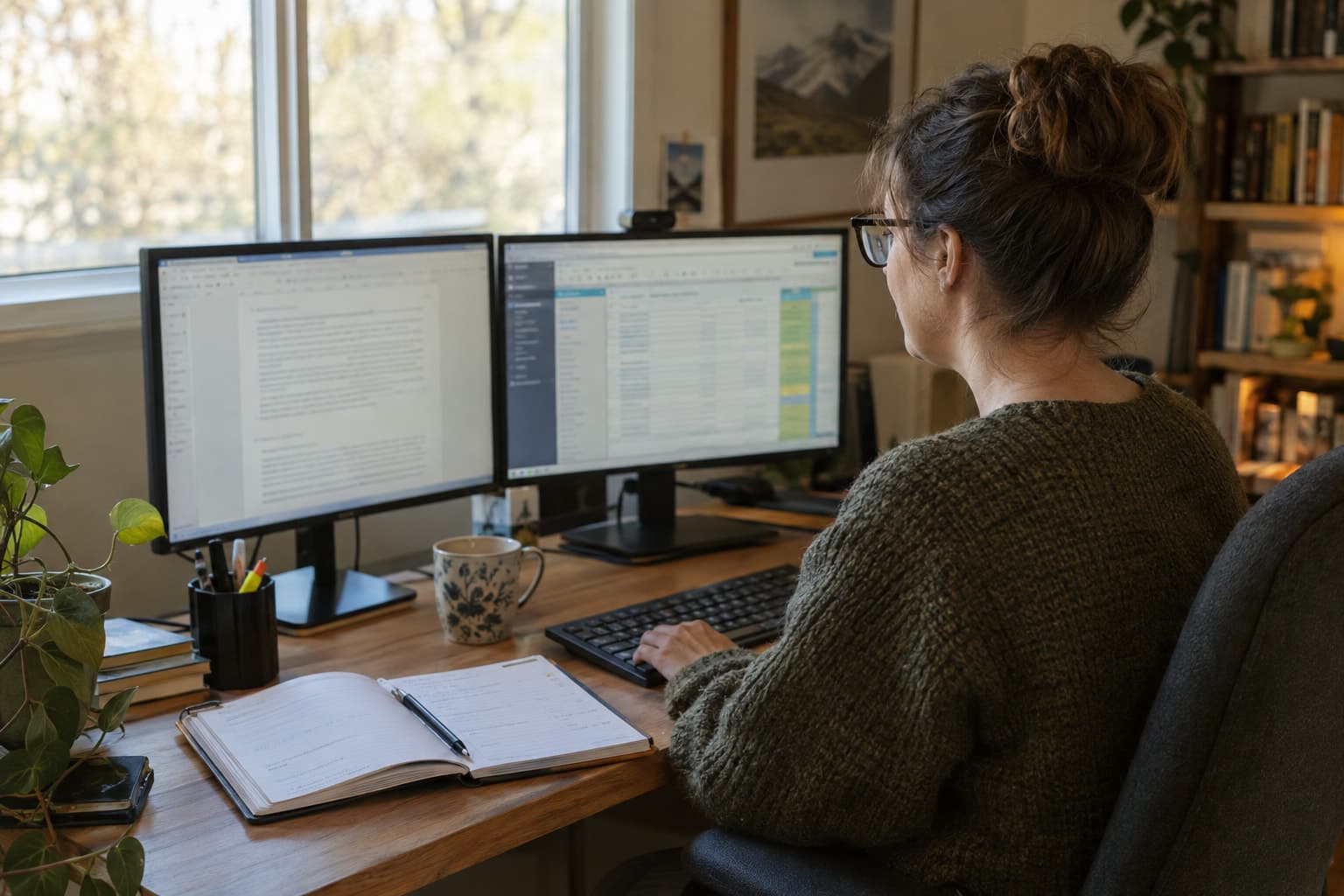 A grant consultant at a home office desk working across two monitors with a planner open