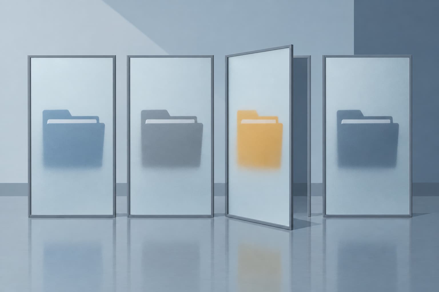 Several file folders each placed behind its own pane of frosted glass in a row