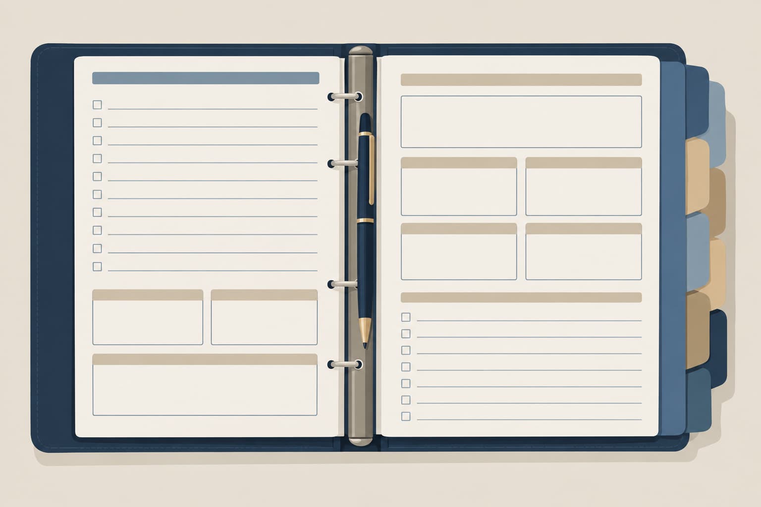An open binder with tabbed dividers and blank fill-in lines on each page