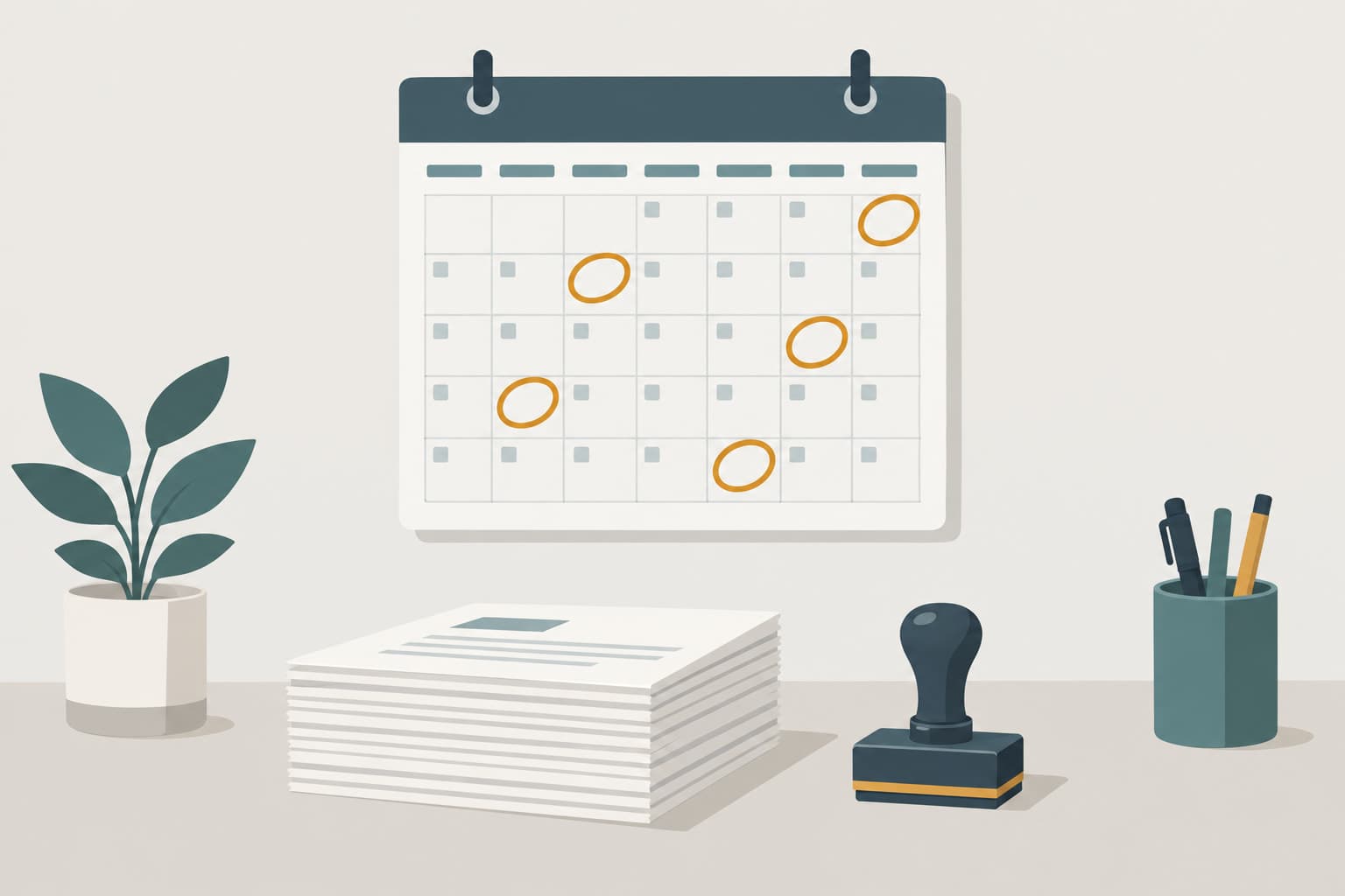 A wall calendar with several dates circled and a small stack of updated documents below it