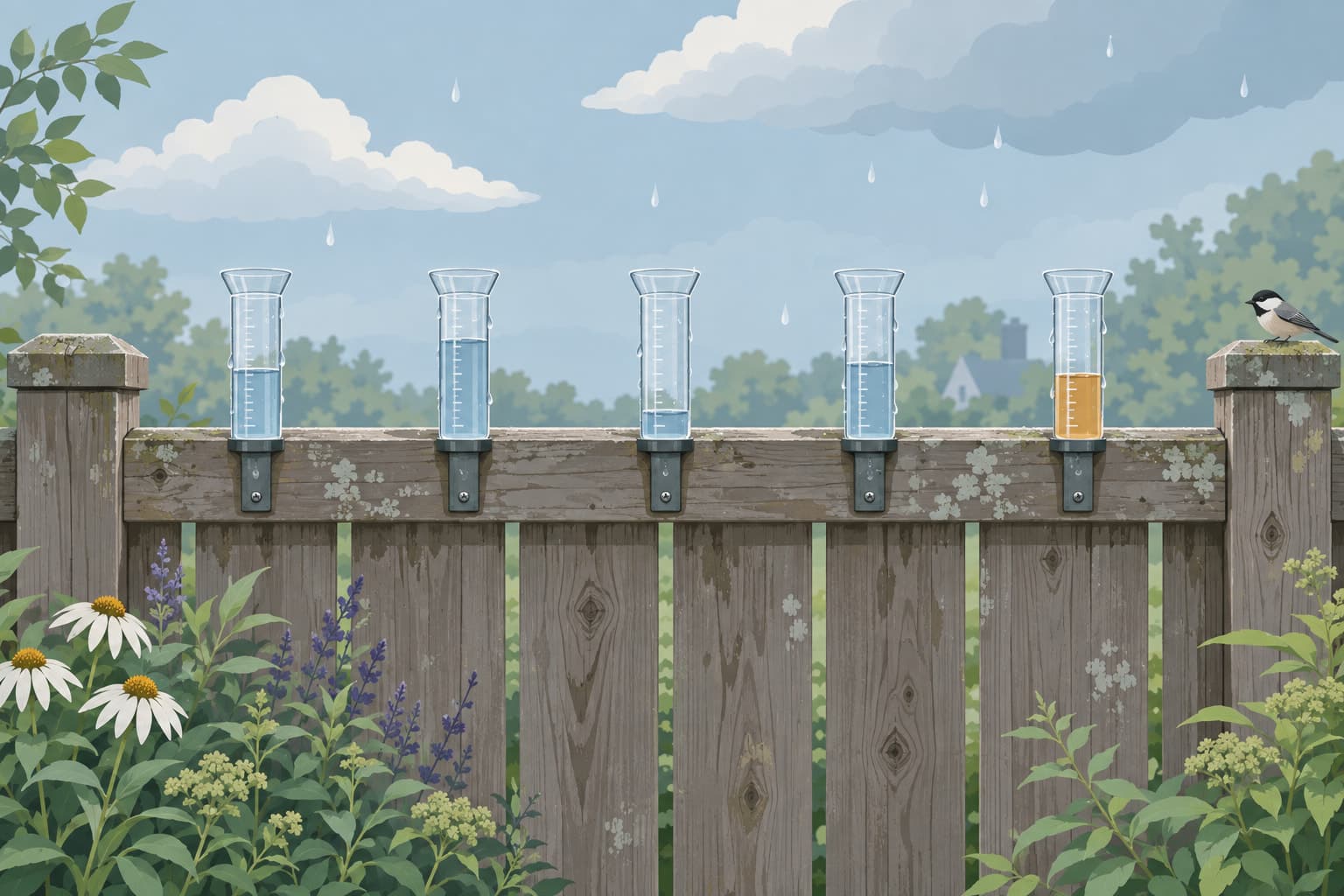 A row of small rain gauges on a garden fence collecting drops under passing clouds