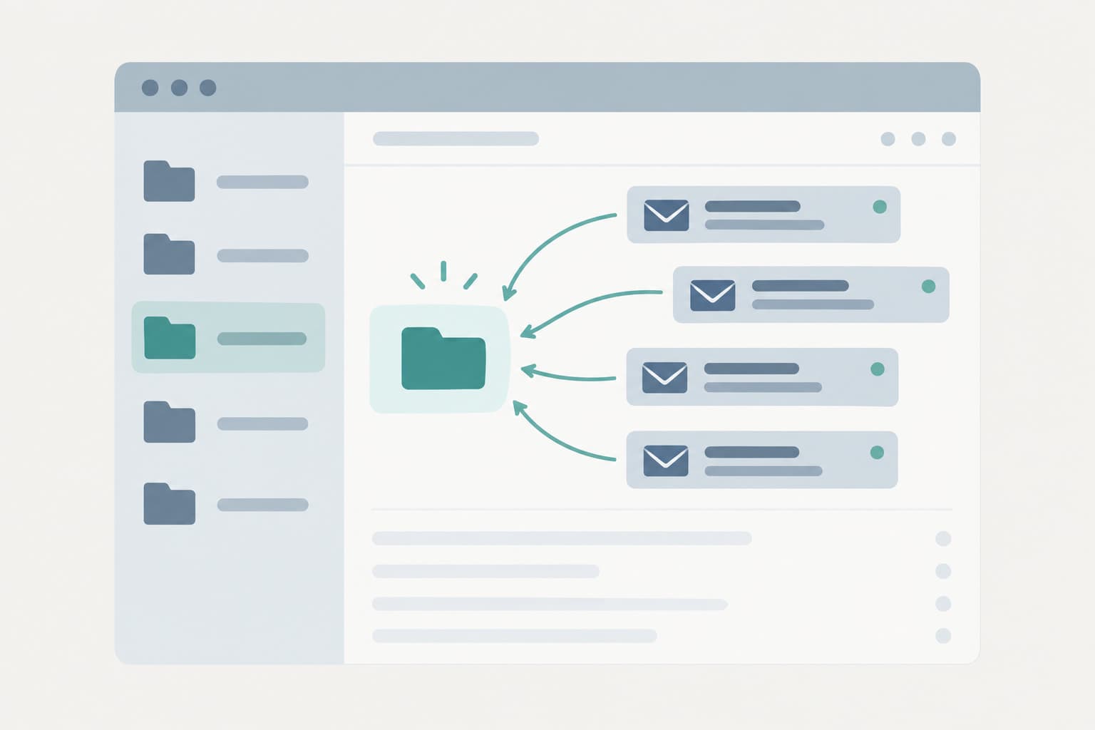 An email inbox with several folders, a few messages being sorted into one folder