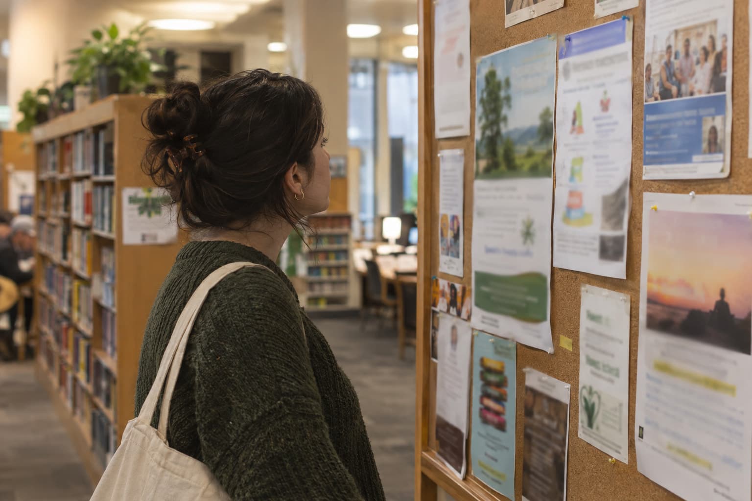 A small library bulletin board covered with pinned flyers and a person reading one
