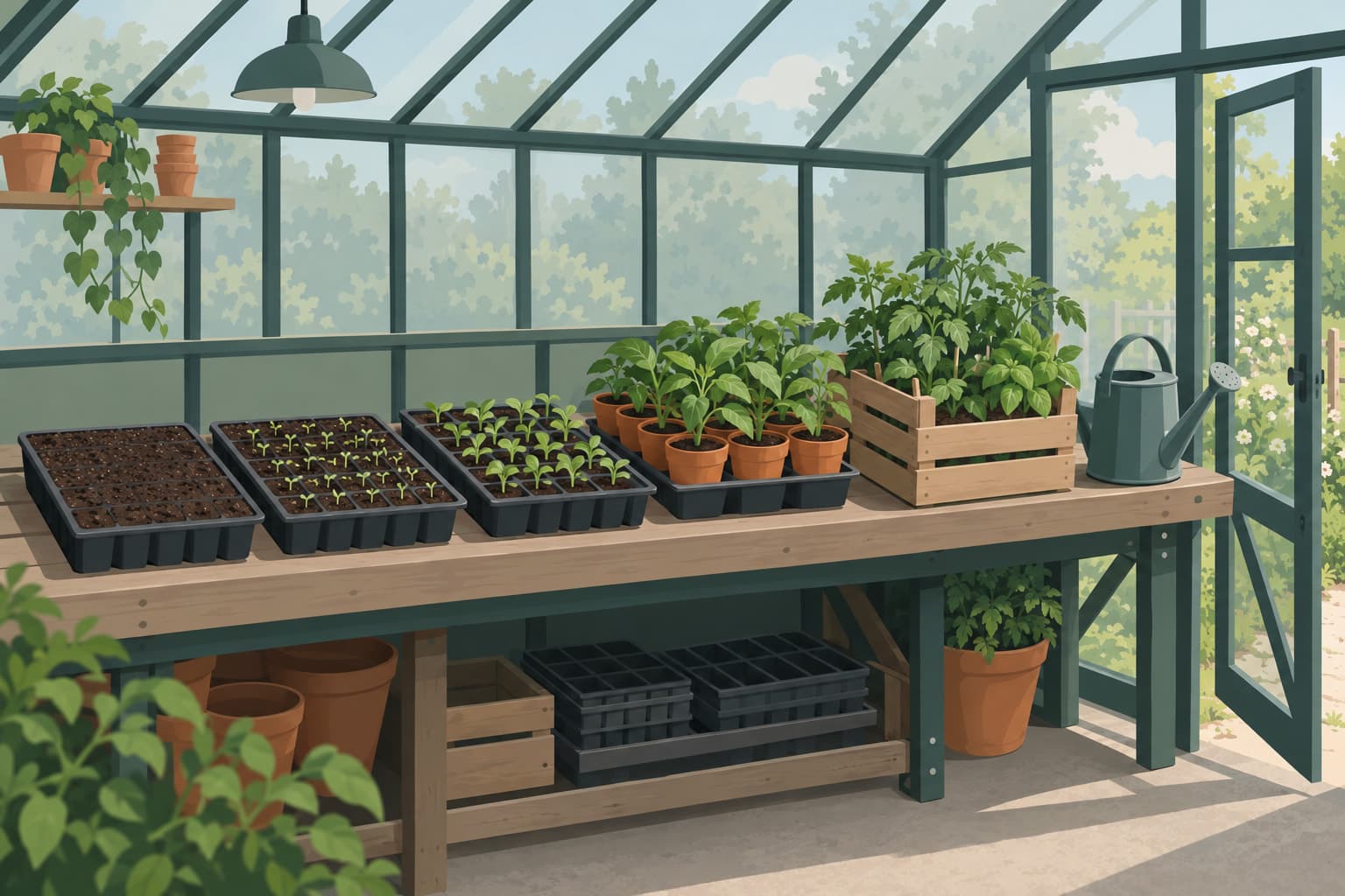 Greenhouse bench with trays in order from bare soil to sprouts, seedlings and potted plants ready to move out