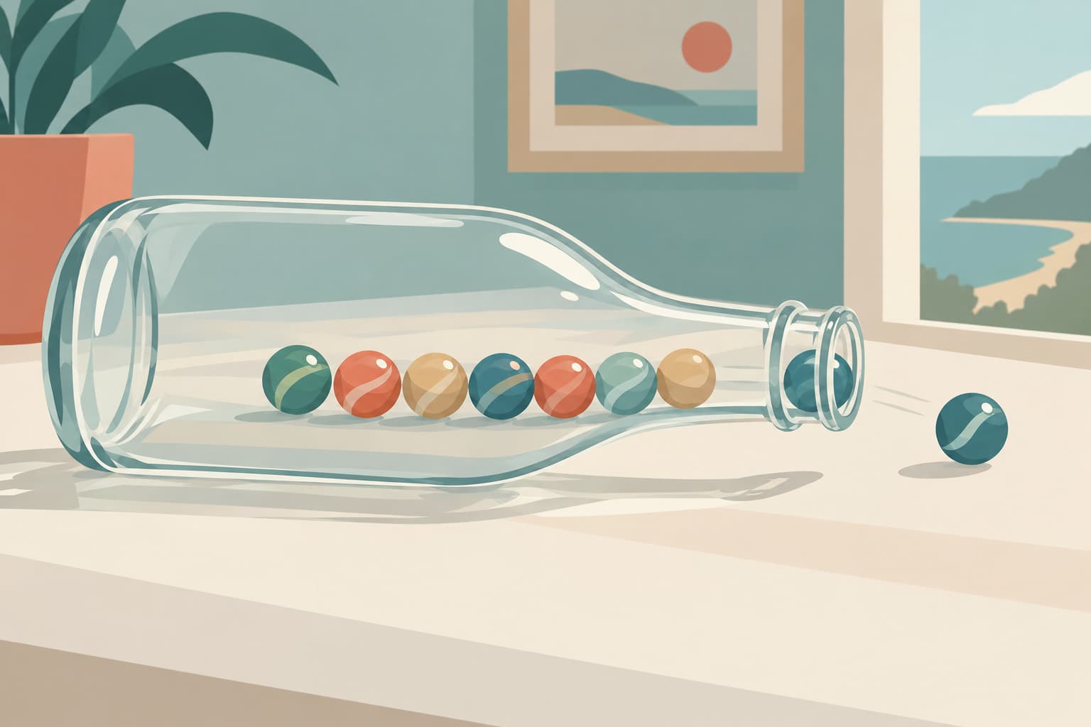 A narrow-necked glass bottle on its side with small marbles queued at the neck