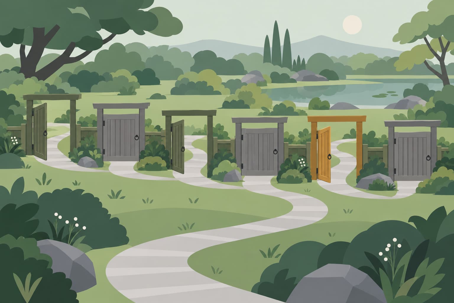 A row of six small gates along a path, some open and some closed