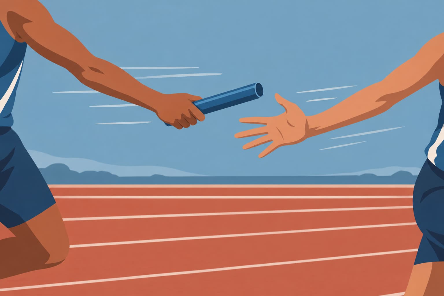 A relay baton being passed between two hands on a running track